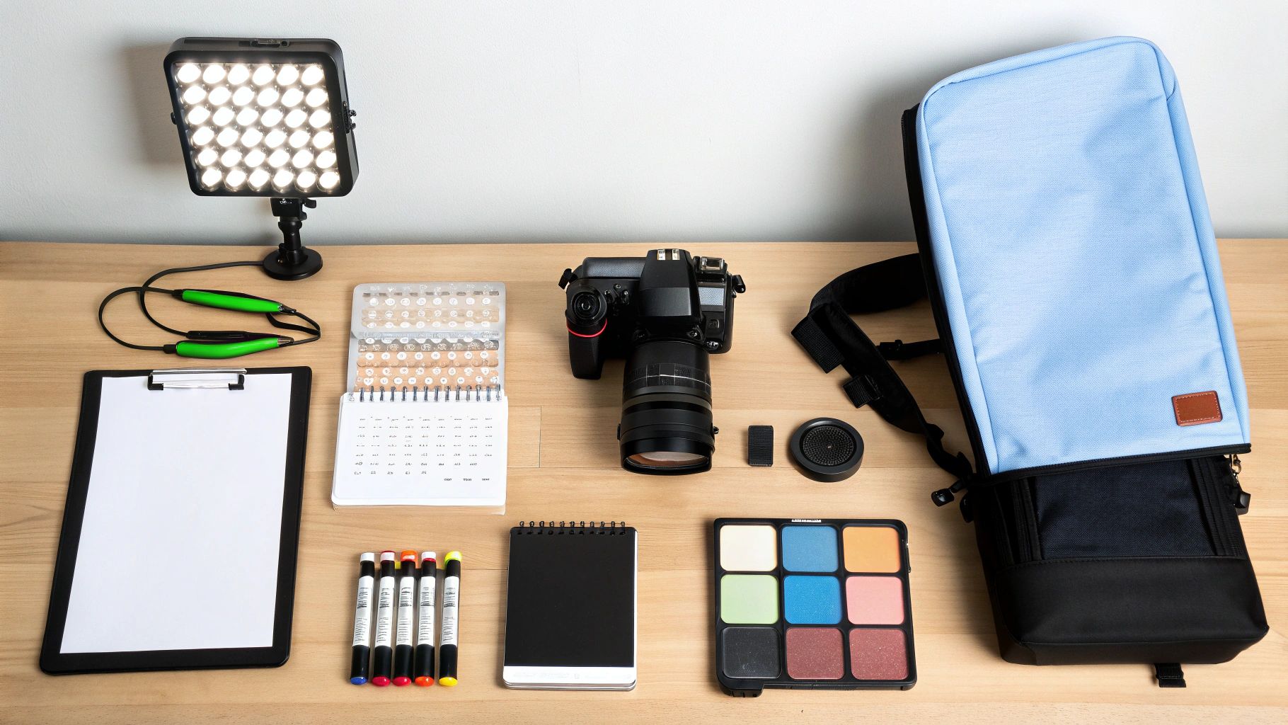 ציוד צילום מקצועי הכולל מצלמה, תאורה ותיק, בתוספת כלי כתיבה ולוח צבעים, מונחים על שולחן עץ.