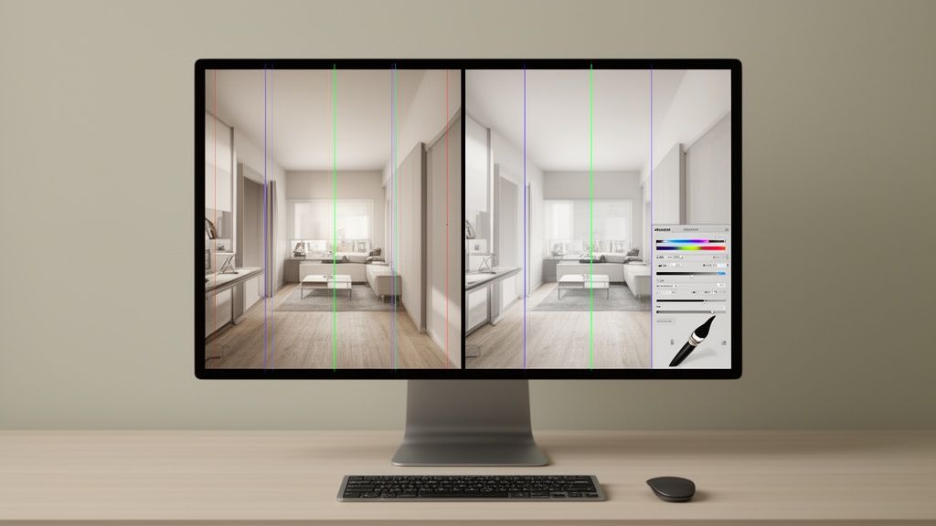 צג מחשב מציג צילום פנים של דירה המחולק לשניים עם כלי עריכה גרפית. מקלדת ועכבר על השולחן.