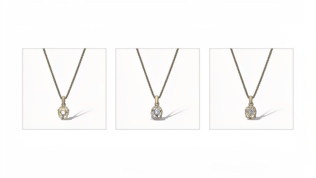 שלושה תליוני זהב עדינים על שרשרת, משובצים באבני חן שונות, על רקע לבן.
