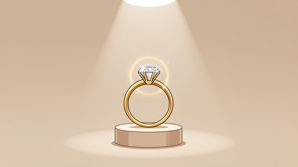טבעת אירוסין מזהב עם יהלום מבריק, מוארת בזרקור על כן תצוגה נייטרלי.