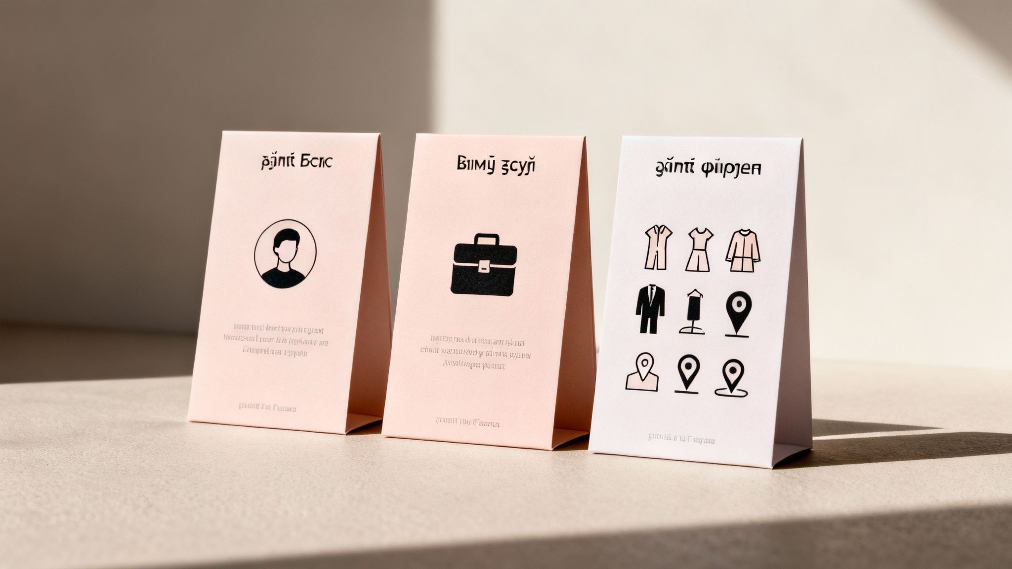 שלושה כרטיסים עומדים בגווני ורוד בהיר, עם אייקונים שונים של אדם, תיק, בגדים ומיקום.