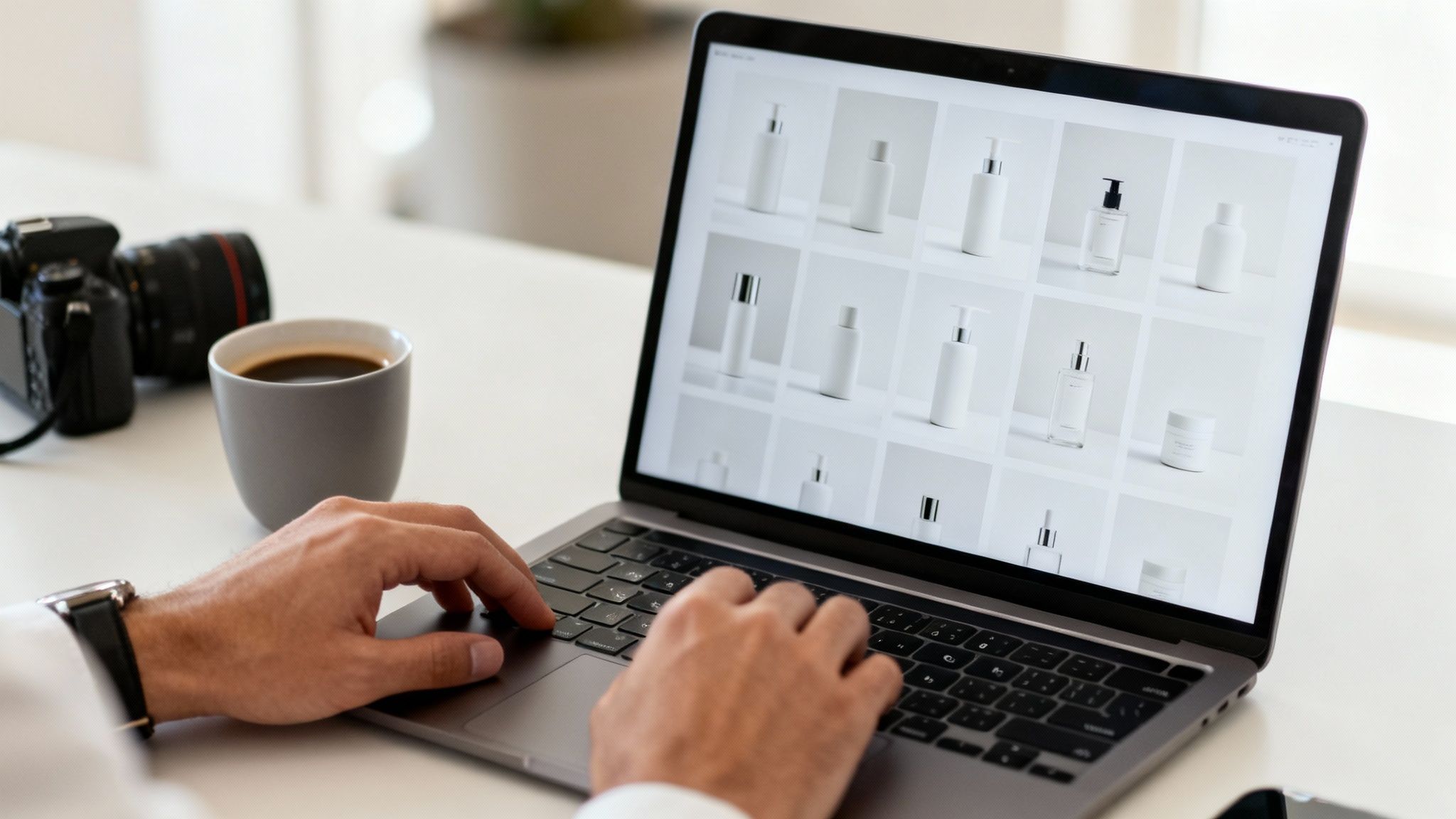 אדם עובד על מחשב נייד המציג תמונות של מוצרי קוסמטיקה לבנים, עם קפה ומצלמה לידו.