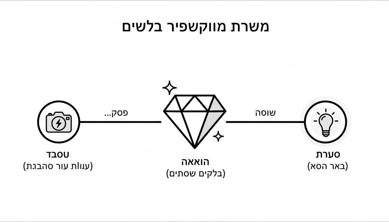 דיאגרמה המתארת את תהליך עבודת מוקשפיר בשלושה שלבים: מצילום ועיבוד גלם ועד לתוצר מוגמר מבריק.