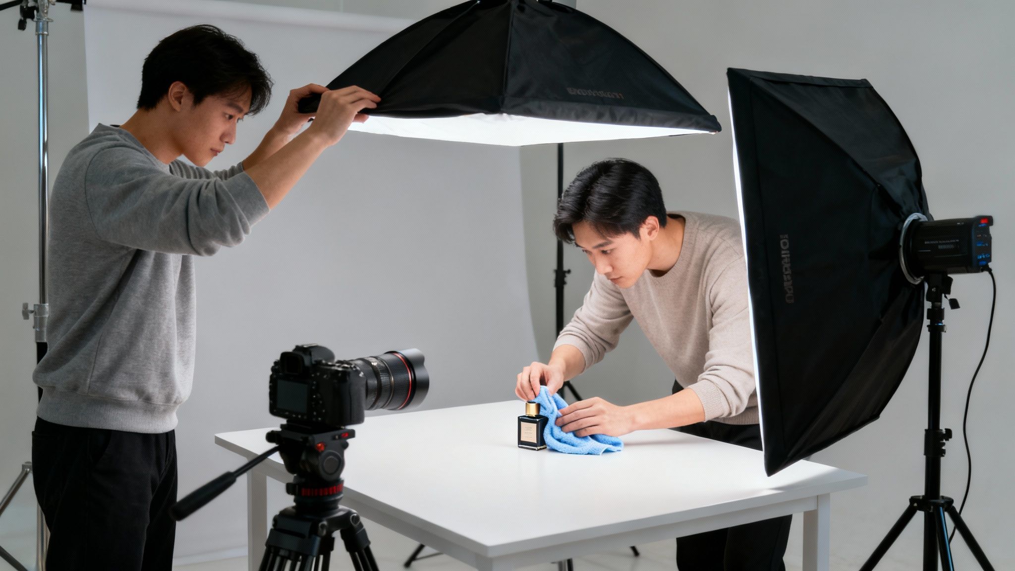 שני גברים עובדים על צילום מוצרים בסטודיו, אחד מכין את התאורה והשני מנקה בקבוק בושם על שולחן לבן.