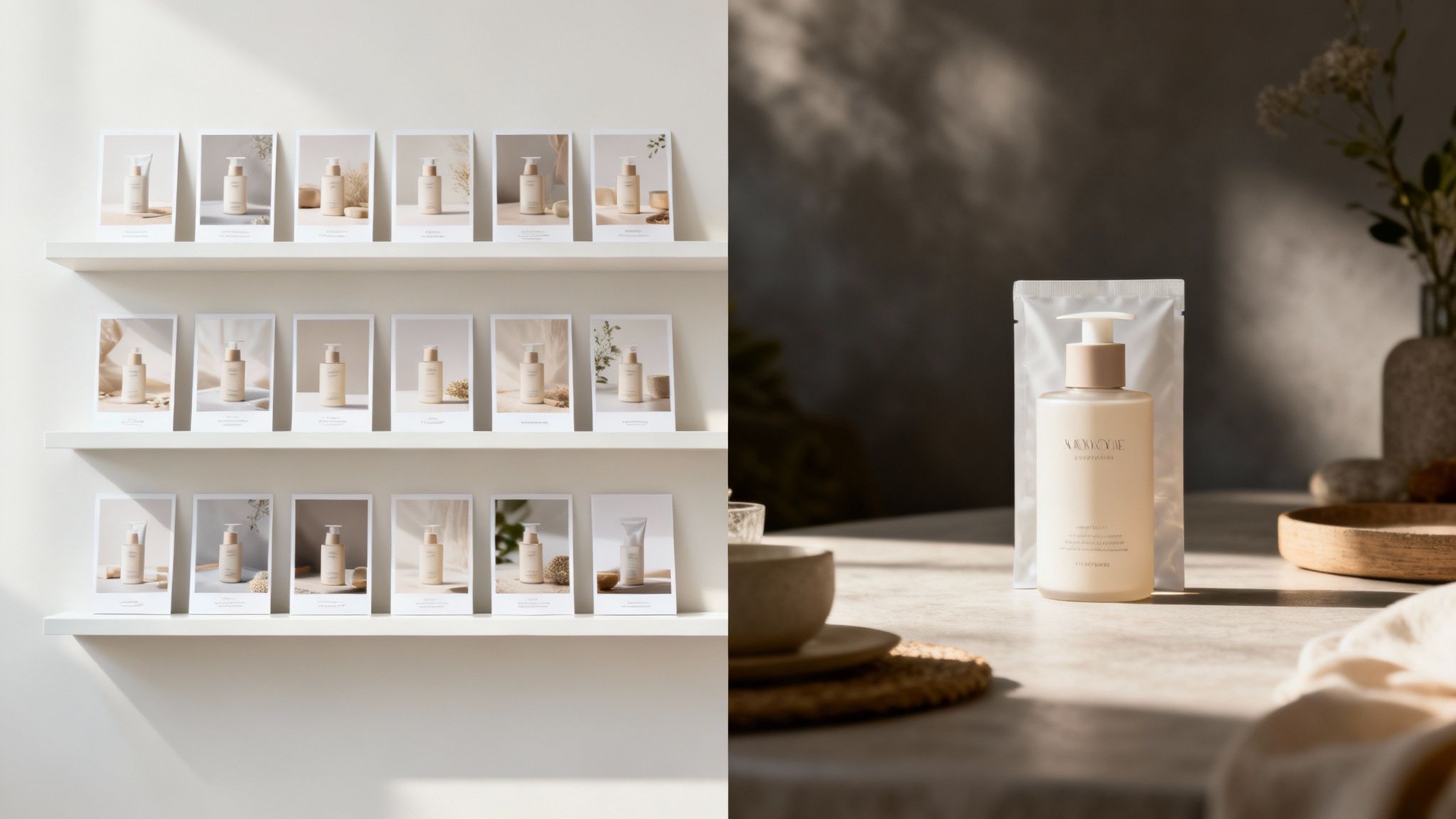 תצוגה חצויה של מוצרי טיפוח: מצד אחד מדפים עם תמונות של בקבוקים וצינורות, ומצד שני בקבוק משאבה ושקית על שולחן.