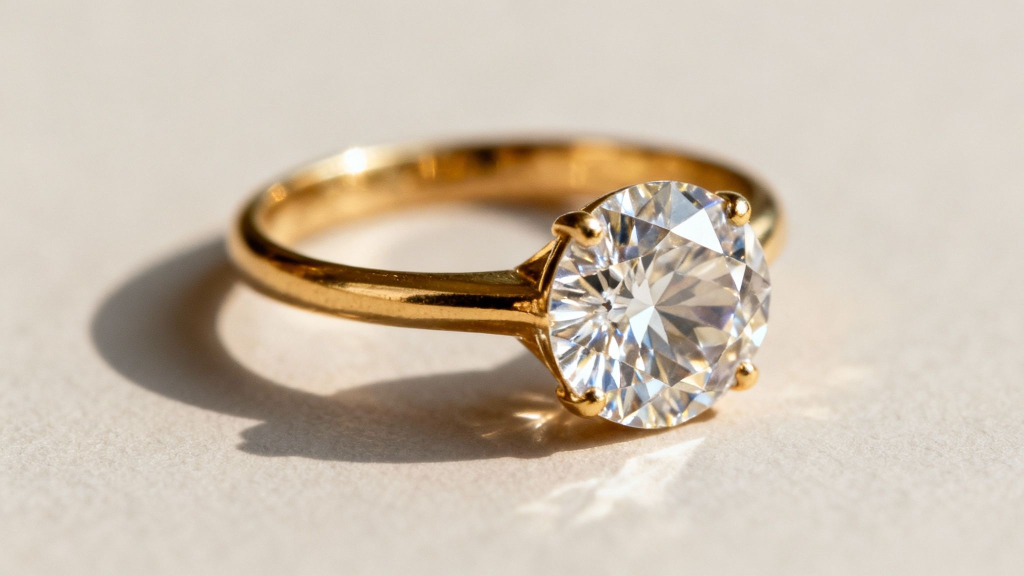 צילום מקרוב של טבעת אירוסין מזהב צהוב עם יהלום עגול נוצץ על רקע בהיר.