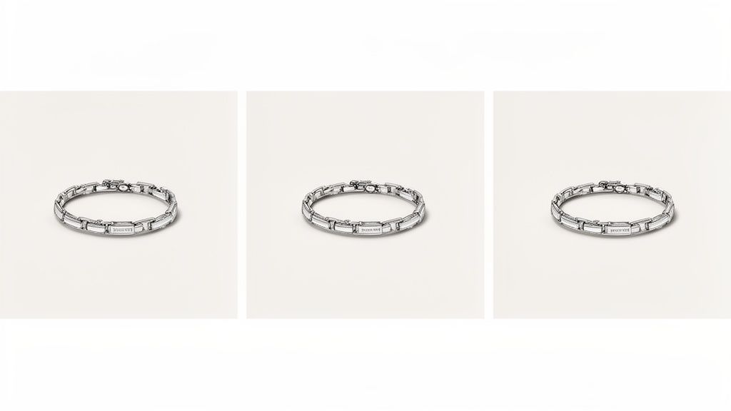 שלושה צמידי כסף מבריקים עם חוליות מלבניות, מונחים על רקע לבן ויוצרים תצוגה אלגנטית