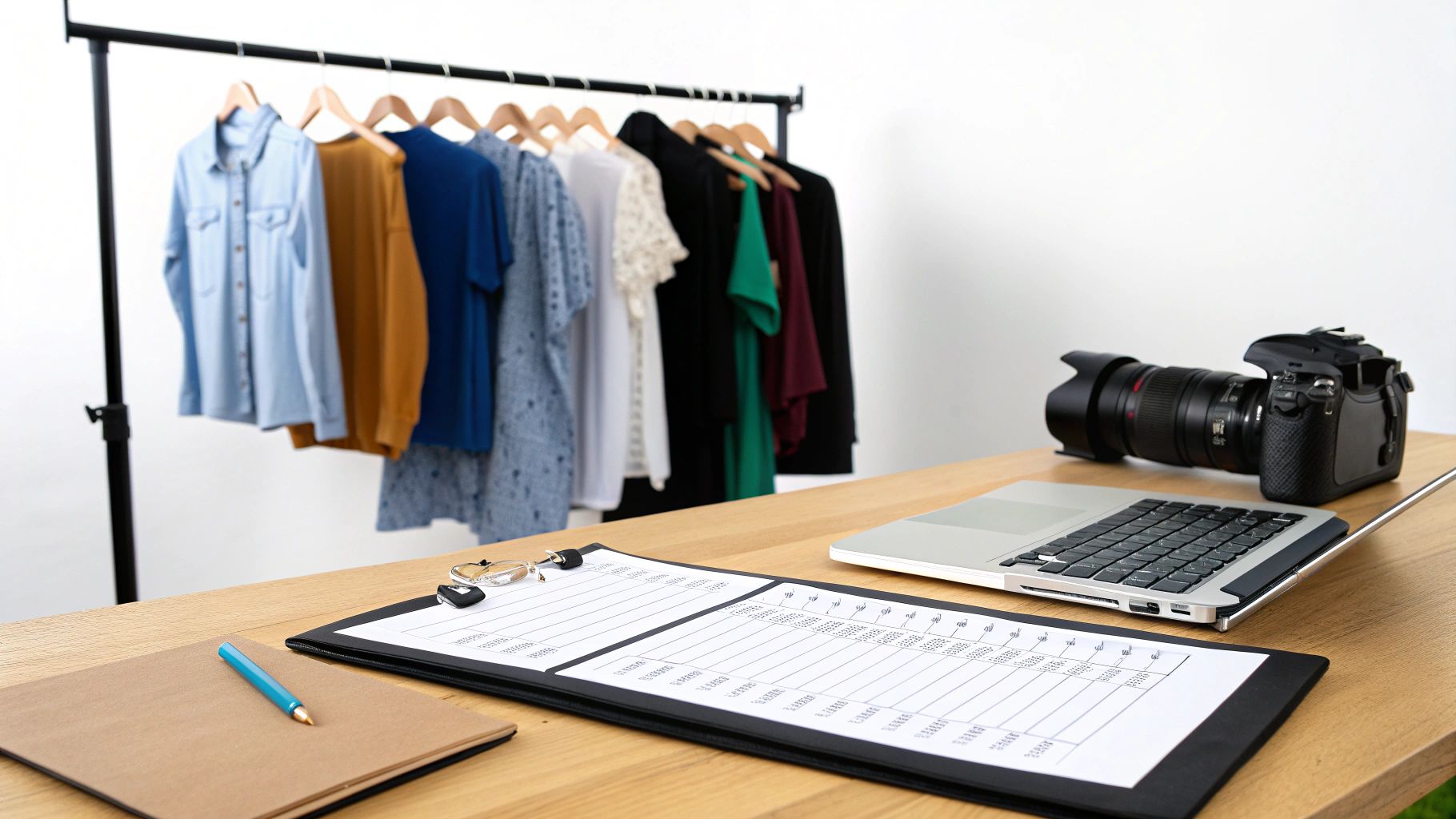 סביבת עבודה מסודרת לצילום אופנה, כוללת בגדים על מתלה, מצלמה, מחשב נייד ורישומים על שולחן עץ.