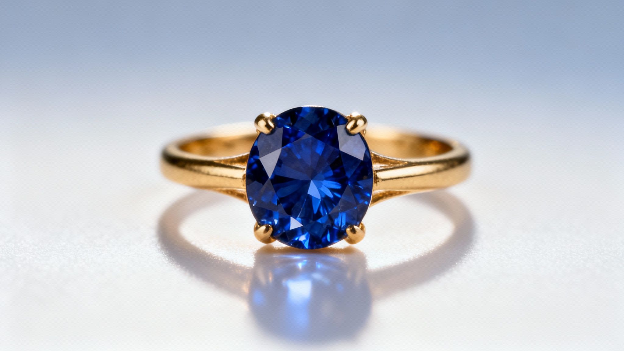 טבעת זהב יפה עם אבן ספיר כחולה נוצצת בחיתוך אובל, מונחת על משטח בהיר.