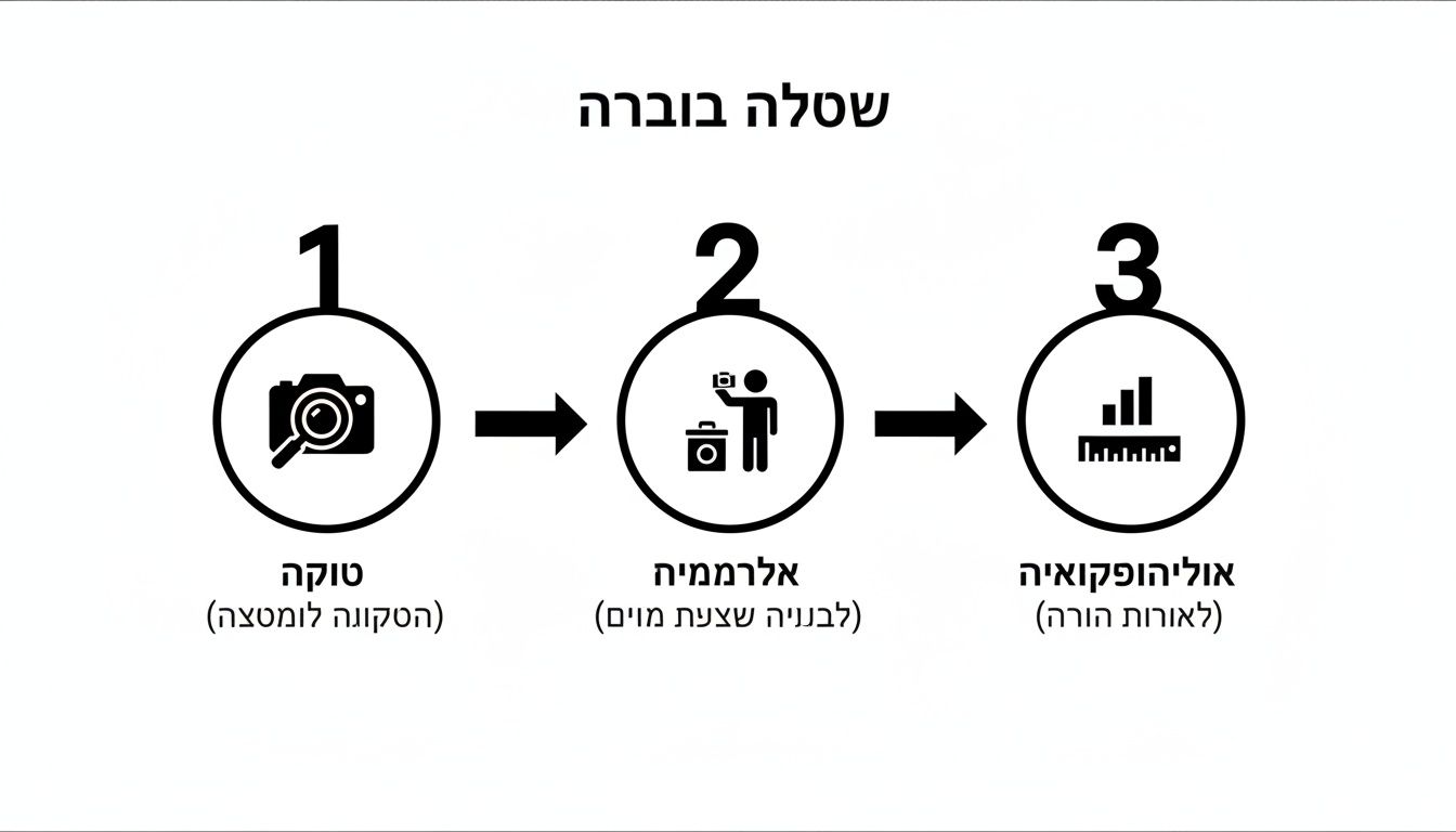 דיאגרמה תלת-שלבית הכוללת תמונת מצלמה, אדם מצלם וגרף נתונים, המתארת תהליך של צילום וניתוח.