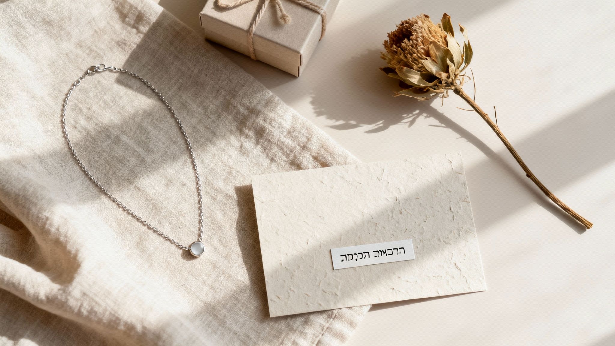 תצלום שטוח של שרשרת כסף עדינה עם תליון עגול לבן על בד פשתן בצבע בז', ליד קופסת מתנה, פרח יבש וכרטיס ברכה בעברית.
