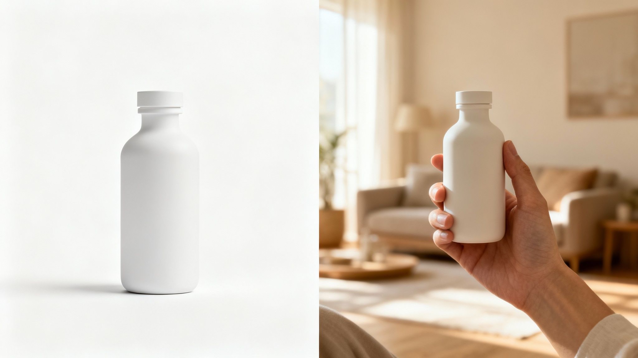 בקבוק לבן ריק עומד על רקע לבן חלק, וביד אוחזים בקבוק דומה בסלון מודרני.