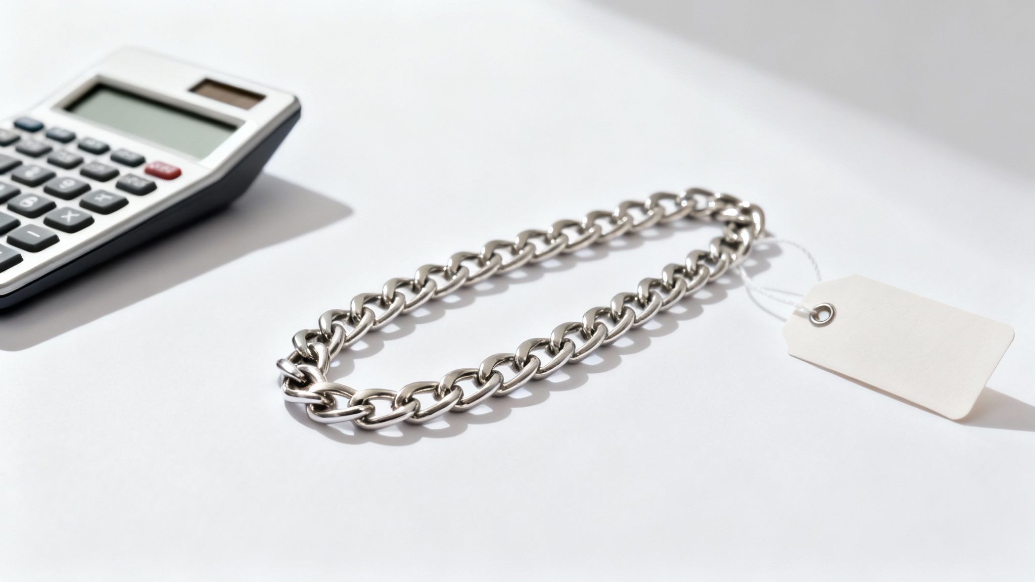 מחשבון, שרשרת כסף ותג מחיר ריק על רקע לבן, המייצגים חישוב עלויות תכשיטים.