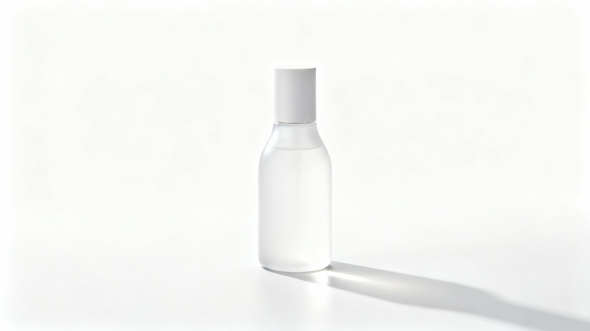 בקבוק קוסמטיקה לבן מינימליסטי עם פקק, עומד על רקע בהיר ומטיל צל.