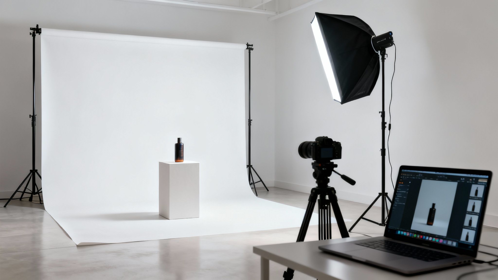 סטודיו לצילום מוצרים מקצועי עם רקע לבן, תאורה, מצלמה ומחשב נייד פעיל.