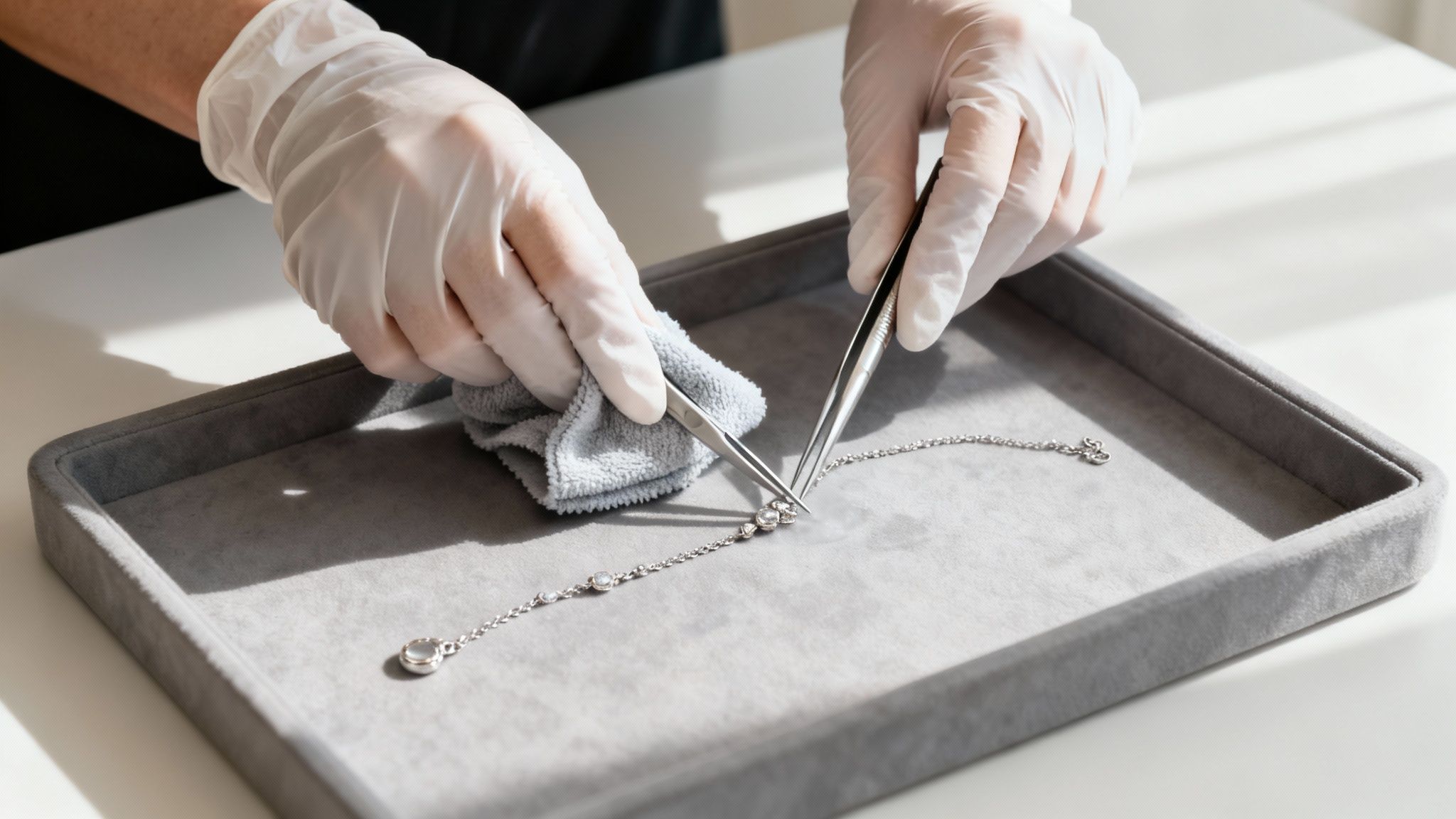 מומחה תכשיטים מנקה ומטפל בצמיד כסף משובץ יהלומים בעזרת כפפות ופינצטה.