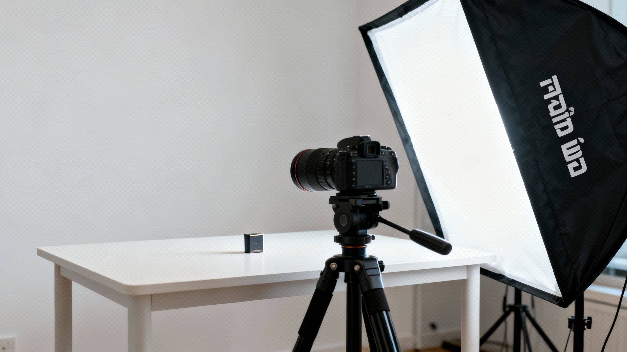 הכנת סטודיו לצילום מוצרים: מצלמה מקצועית על חצובה, פריט שחור על שולחן לבן ופנס תאורה.