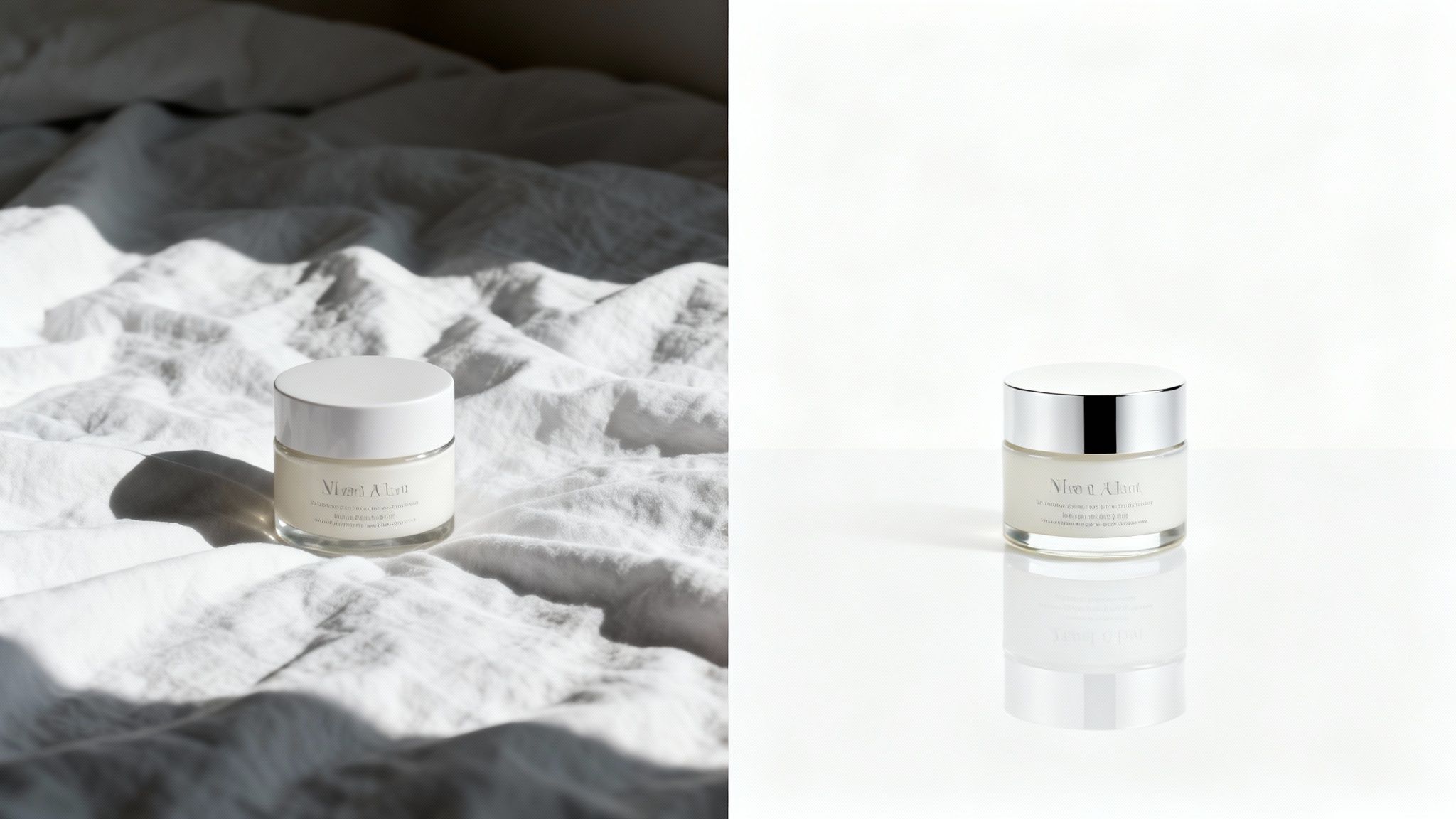 צנצנת קרם קוסמטיקה לבנה על בד לבן מקומט עם אור טבעי, וגם בצילום סטודיו נקי על רקע לבן עם השתקפות.