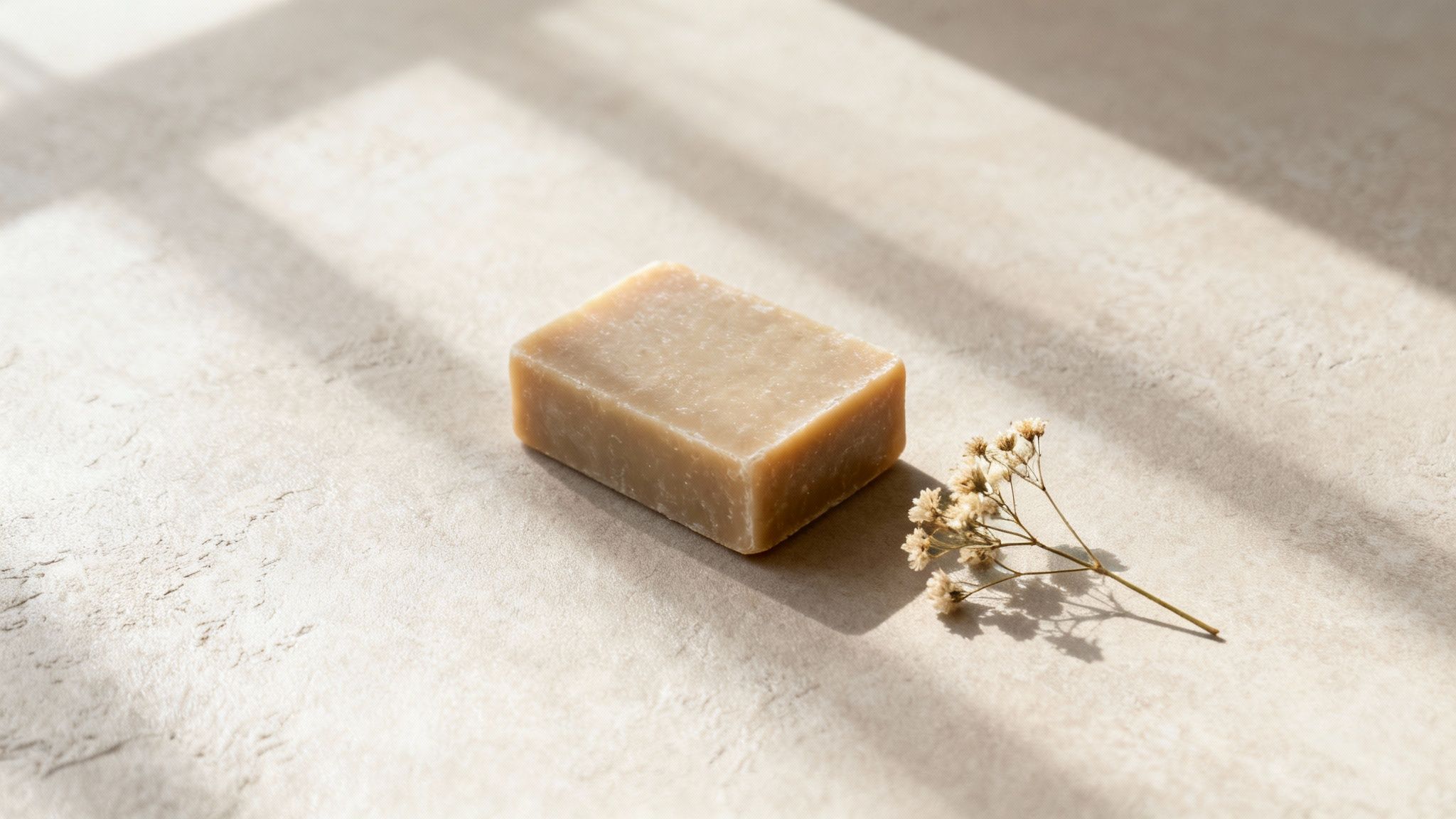 סבון טבעי בצבע בז' מונח על משטח בהיר עם צללי שמש ופרחים יבשים עדינים.