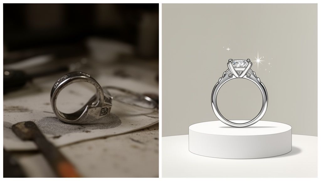 תהליך יצירת תכשיטים: מטבעת כסף גולמית בסדנה לאיור מרהיב של טבעת יהלום מוגמרת.