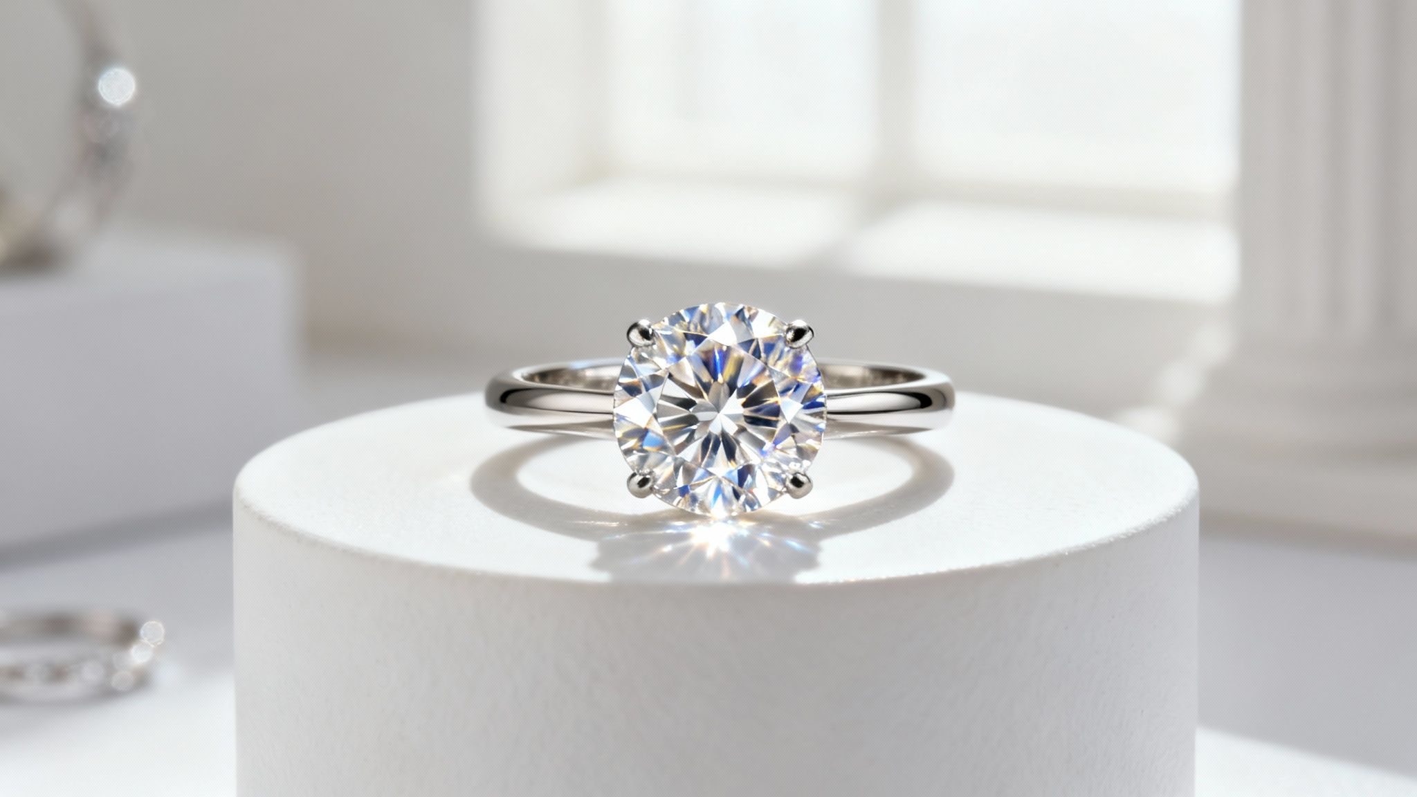 טבעת אירוסין מרשימה מפלטינה עם יהלום עגול נוצץ על משטח לבן מואר.