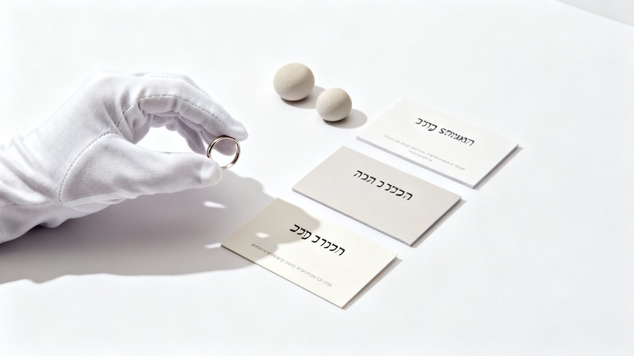 כפפה לבנה אוחזת טבעת נישואין מוזהבת ליד כרטיסי מידע מודפסים וכדורים קטנים על משטח לבן.