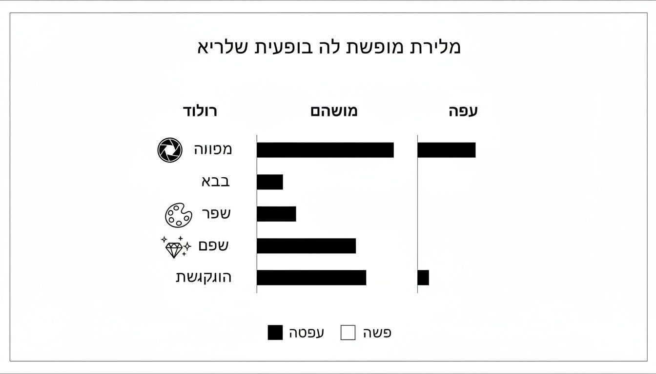 תרשים עמודות אופקי המשווה חמישה פריטים: מפוה, בבא, שפר, שפם והוגשמת. הוא מודד רולוד, מושלם ועפה, כאשר ברים שחורים מציינים 'עפסה'.