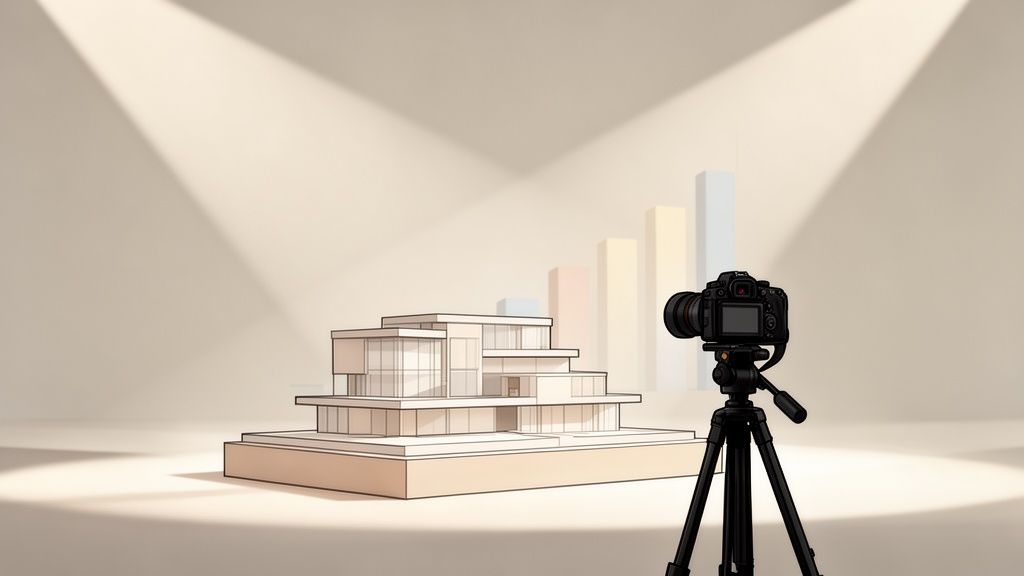 דגם אדריכלי מודרני של בית מצולם על ידי מצלמה מקצועית על חצובה, עם תאורת במה וגרפים ברקע.
