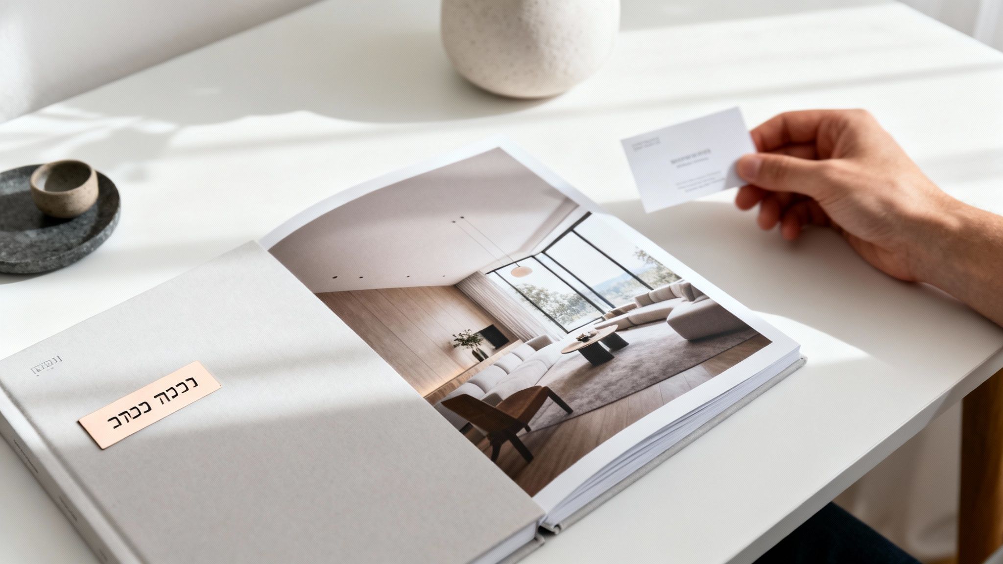 אדם מחזיק כרטיס ביקור מעל ספר פתוח המציג תמונת עיצוב פנים של סלון מודרני עם חלונות גדולים.