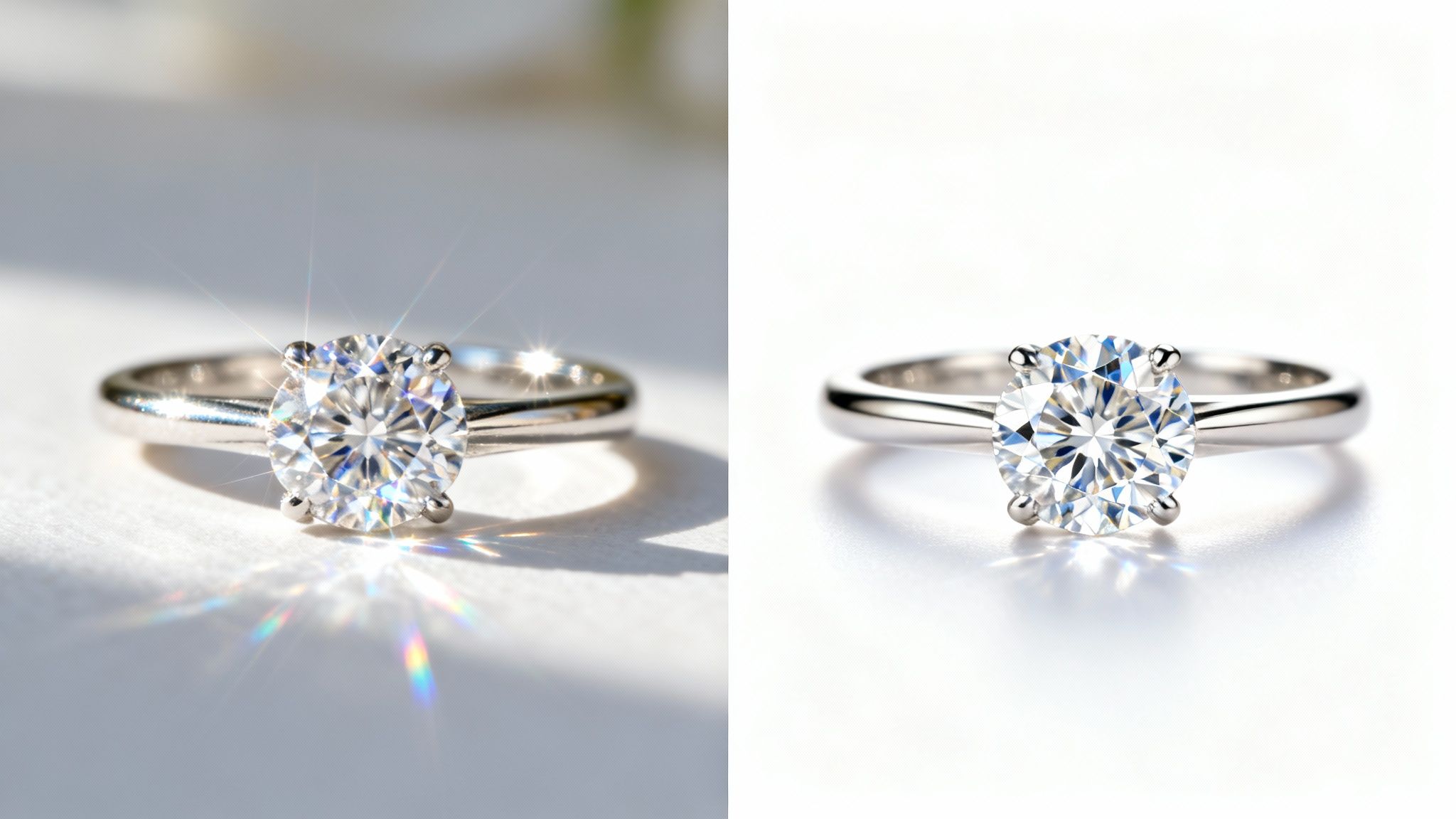 טבעת יהלום סוליטר עם חישוק כסף, מוצגת בשני מצבי תאורה: נצנוץ ססגוני באור טבעי וצילום סטודיו נקי.