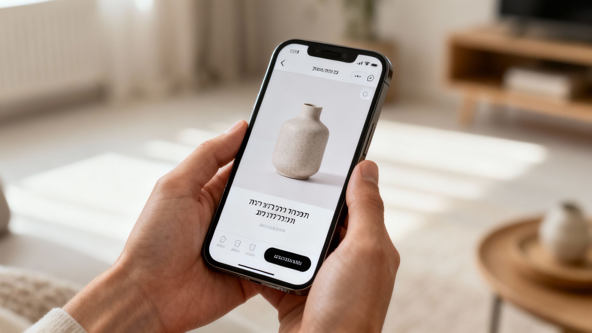 ידיים מחזיקות סמארטפון המציג עמוד מוצר עם אגרטל בחנות מקוונת.