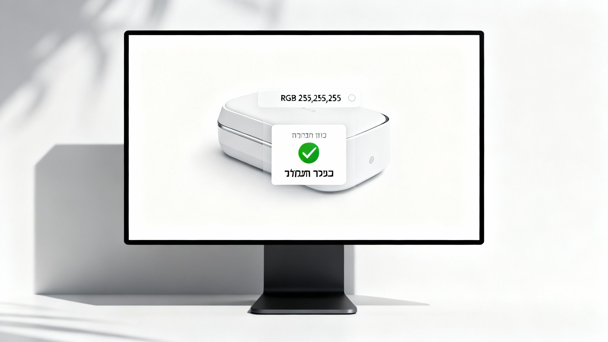 מסך מחשב מציג מכשיר לבן על רקע לבן עם כיתוב RGB וטקסט בעברית המציין עיבוד מוצלח.
