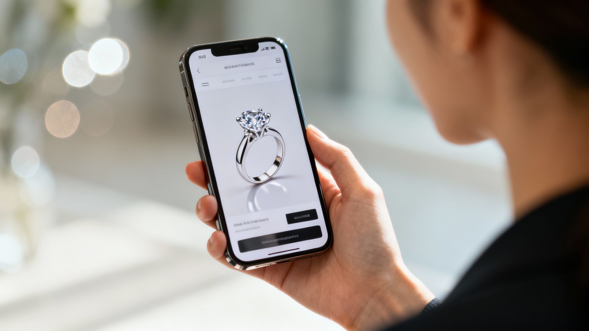 אישה מחזיקה סמארטפון ומעיינת בתצוגה של טבעת אירוסין יהלום נוצצת, המשקפת חווית קניות תכשיטים מקוונת.