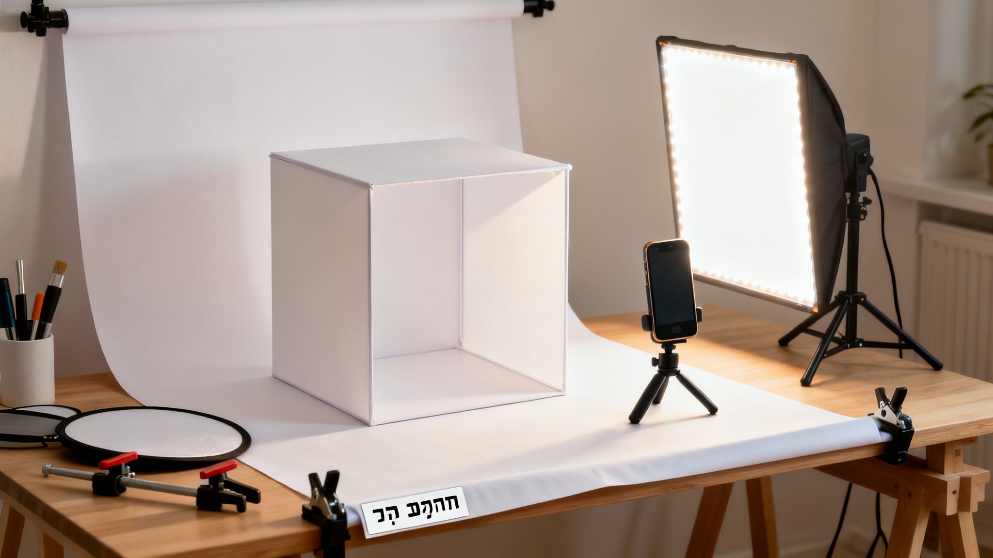 תמונת תקריב של סטודיו צילום מוצרים ביתי עם רקע לבן, קופסת אור, תאורה מקצועית, רפלקטור וטלפון נייד על חצובה.