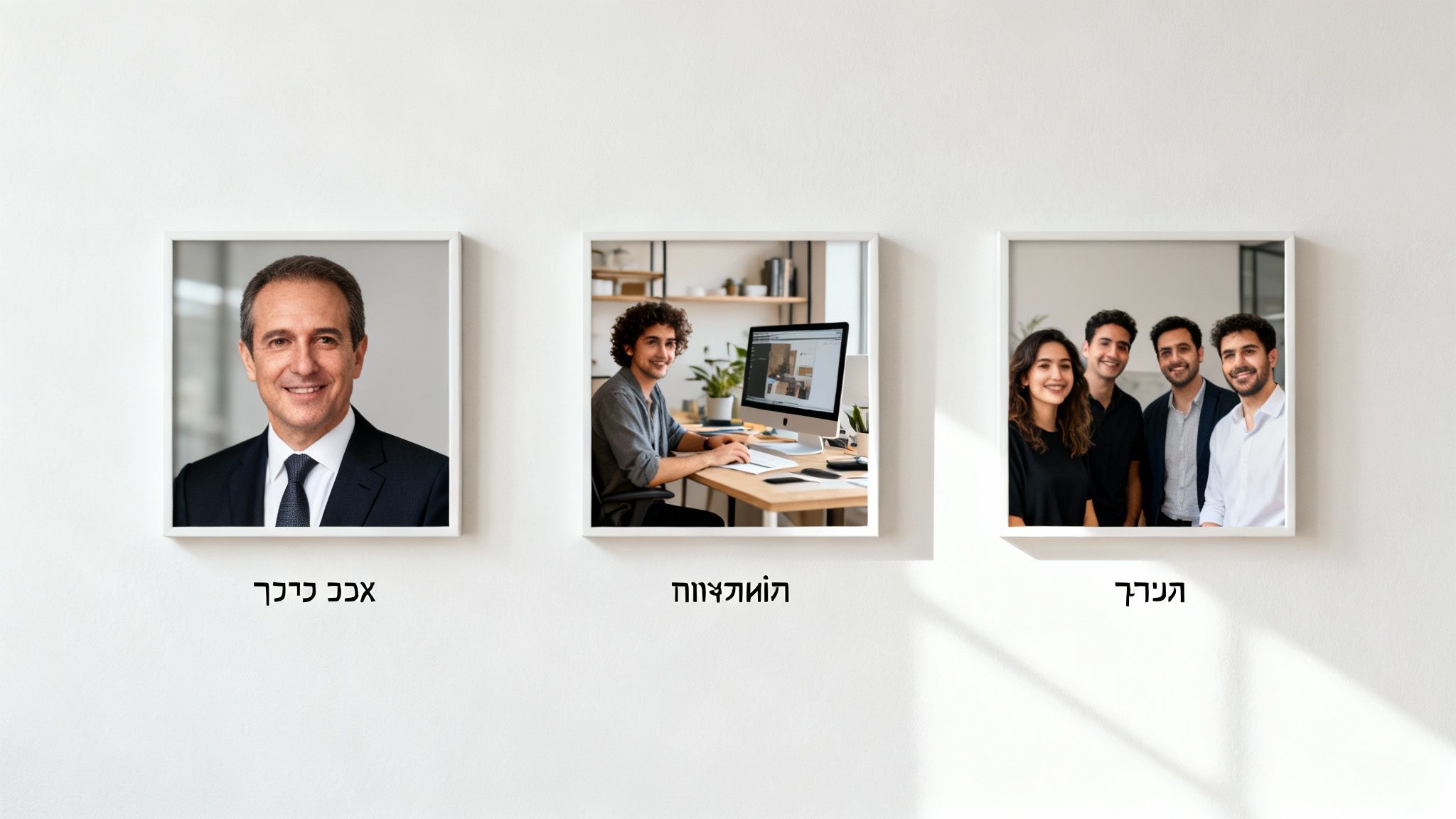 שלוש תמונות ממוסגרות על קיר לבן: גבר בחליפה, עובד במשרד וקבוצת אנשים מחייכים.