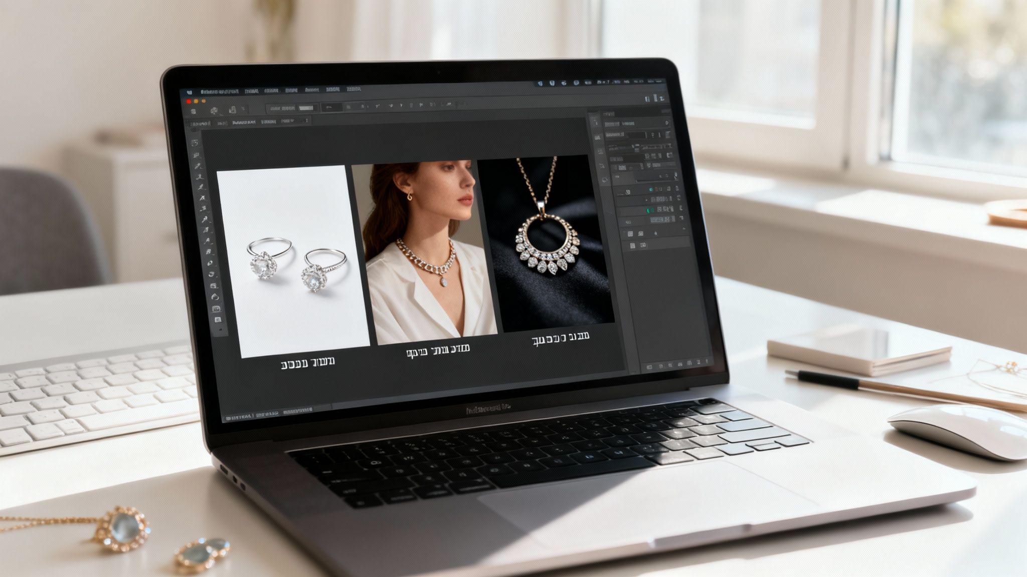 מחשב נייד מציג תמונות תכשיטים: טבעות יהלום, אישה עם שרשרת, ושרשרת תליון מעוצבת על שולחן עבודה.