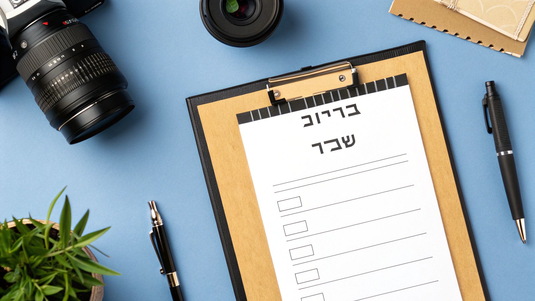 שולחן עבודה כחול עם מצלמה, עדשות, קלסר עם רשימת משימות בעברית, עטים וצמח קטן. מראה של הכנה לצילום.