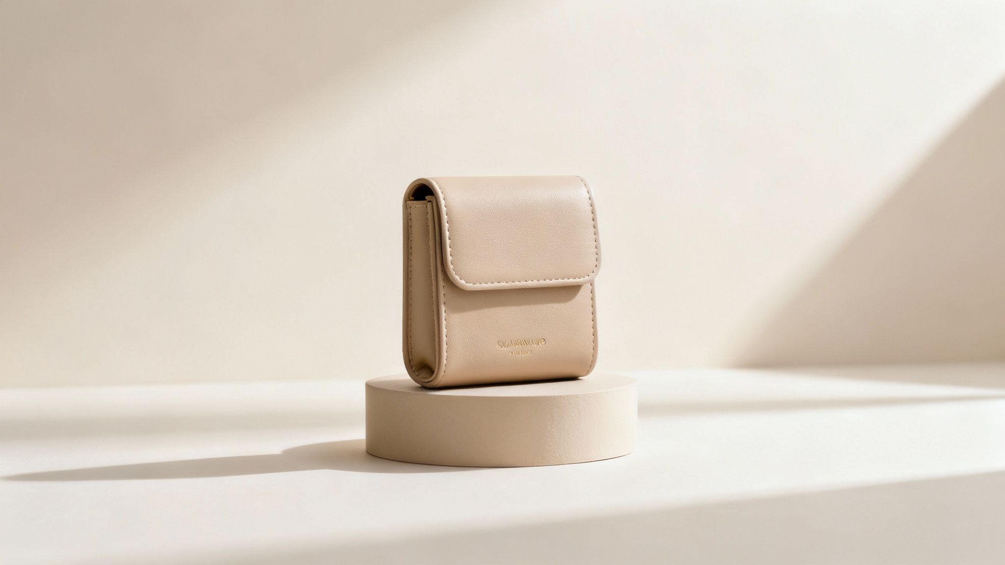 נרתיק עור קטן בצבע בז' עם לוגו מוטבע, מונח על מעמד תצוגה עגול.