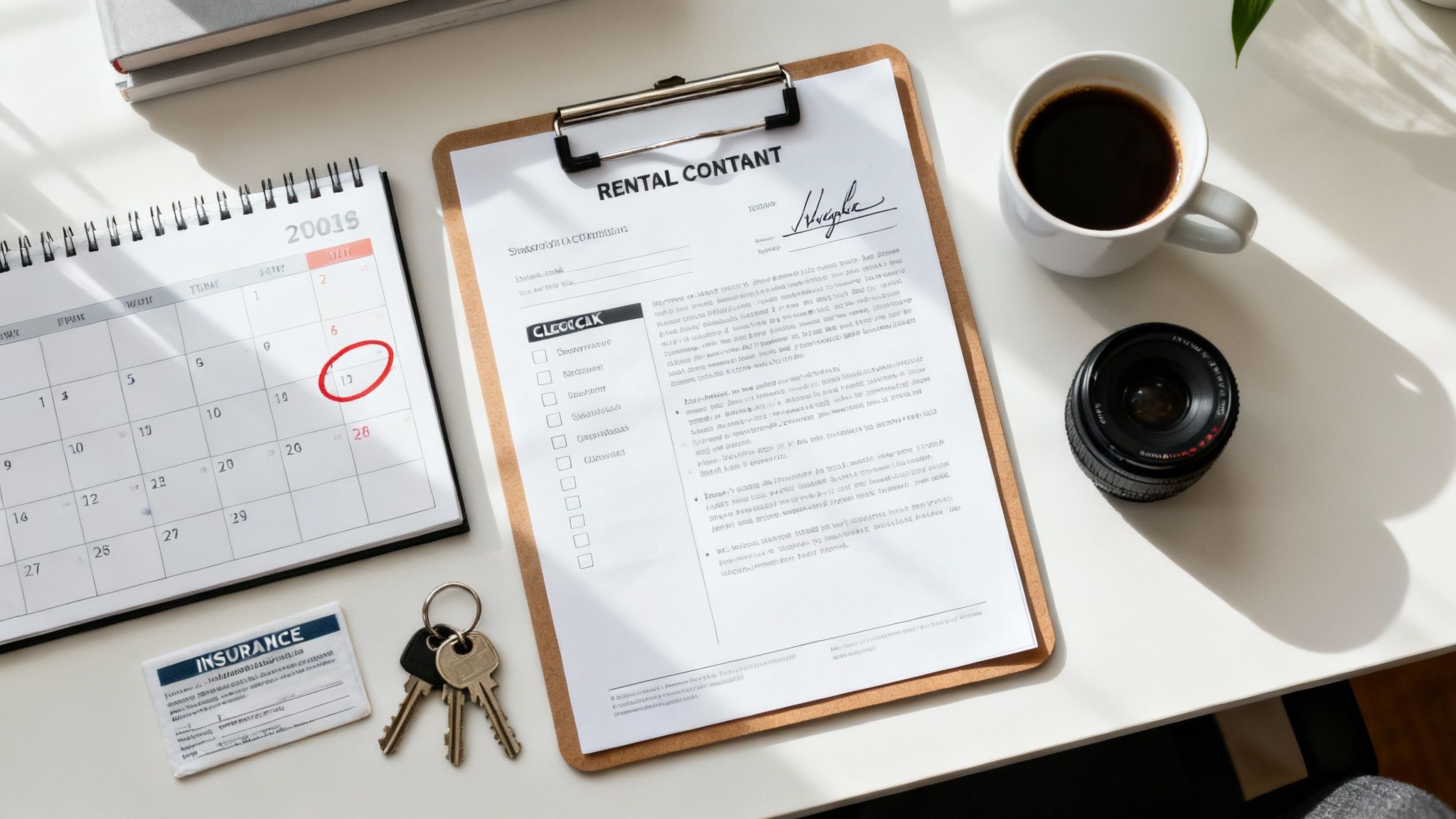 שולחן עבודה עם לוח שנה שמסומן בו תאריך 13, מסמך שכירות, מפתחות, כרטיס ביטוח, כוס קפה ועדשת מצלמה.
