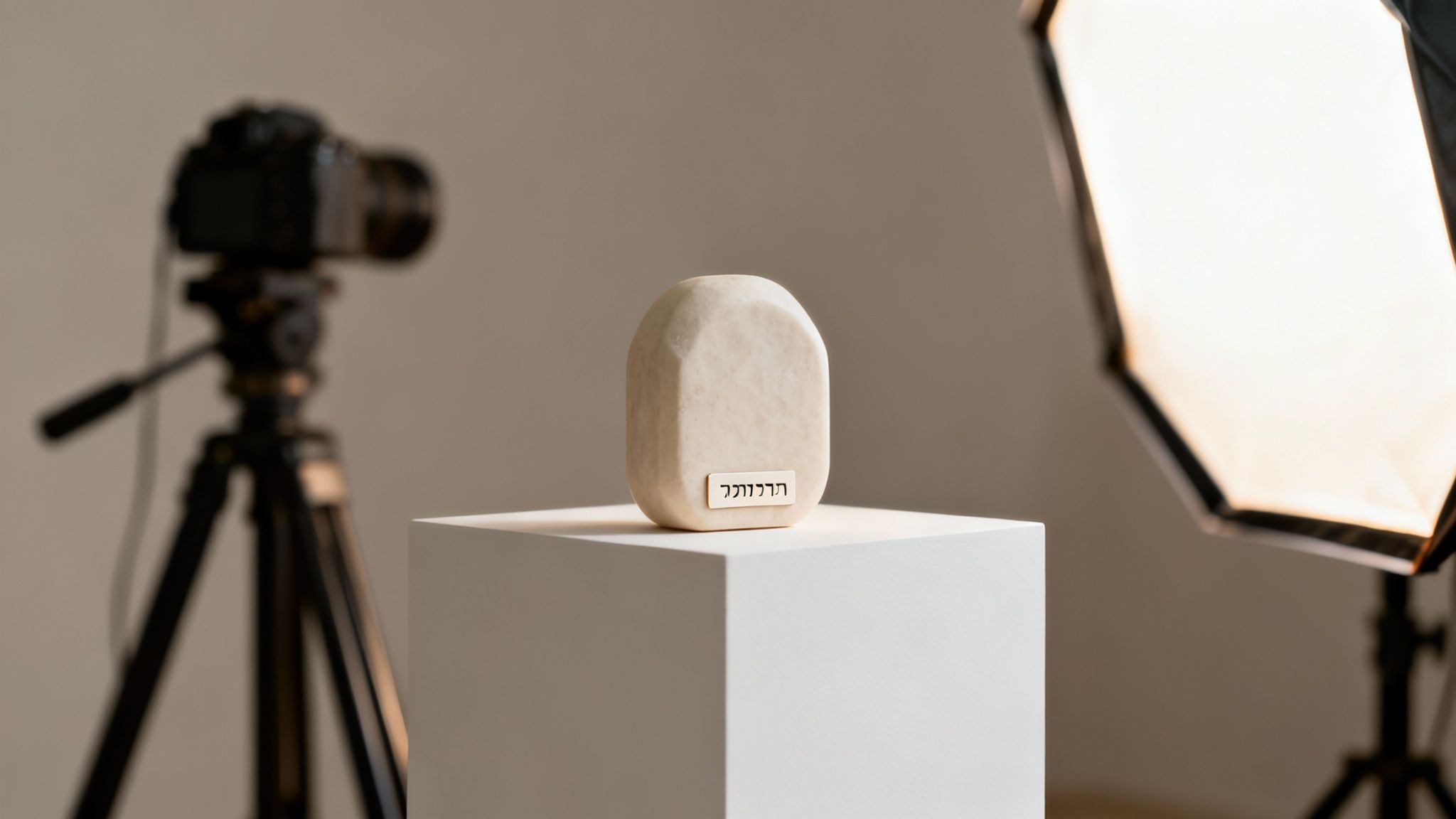 צילום מוצר: אובייקט אליפטי בהיר עם הכיתוב 'תרבות' על כן לבן, עם ציוד צילום סטודיו ברקע.