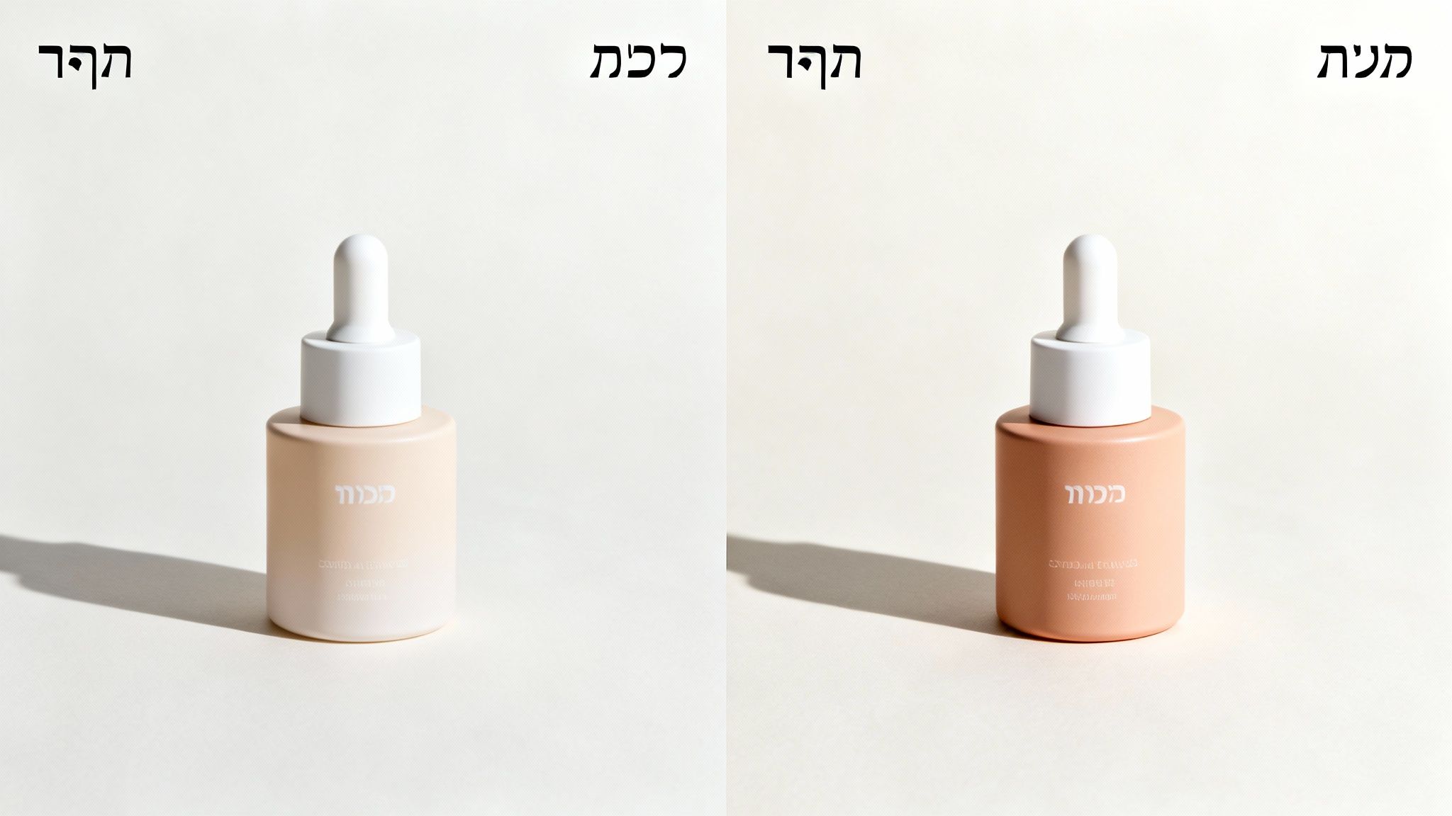 שני בקבוקי טפטפת אלגנטיים למוצרי טיפוח בצבעי עור שונים, על רקע בהיר ונקי עם צללים.