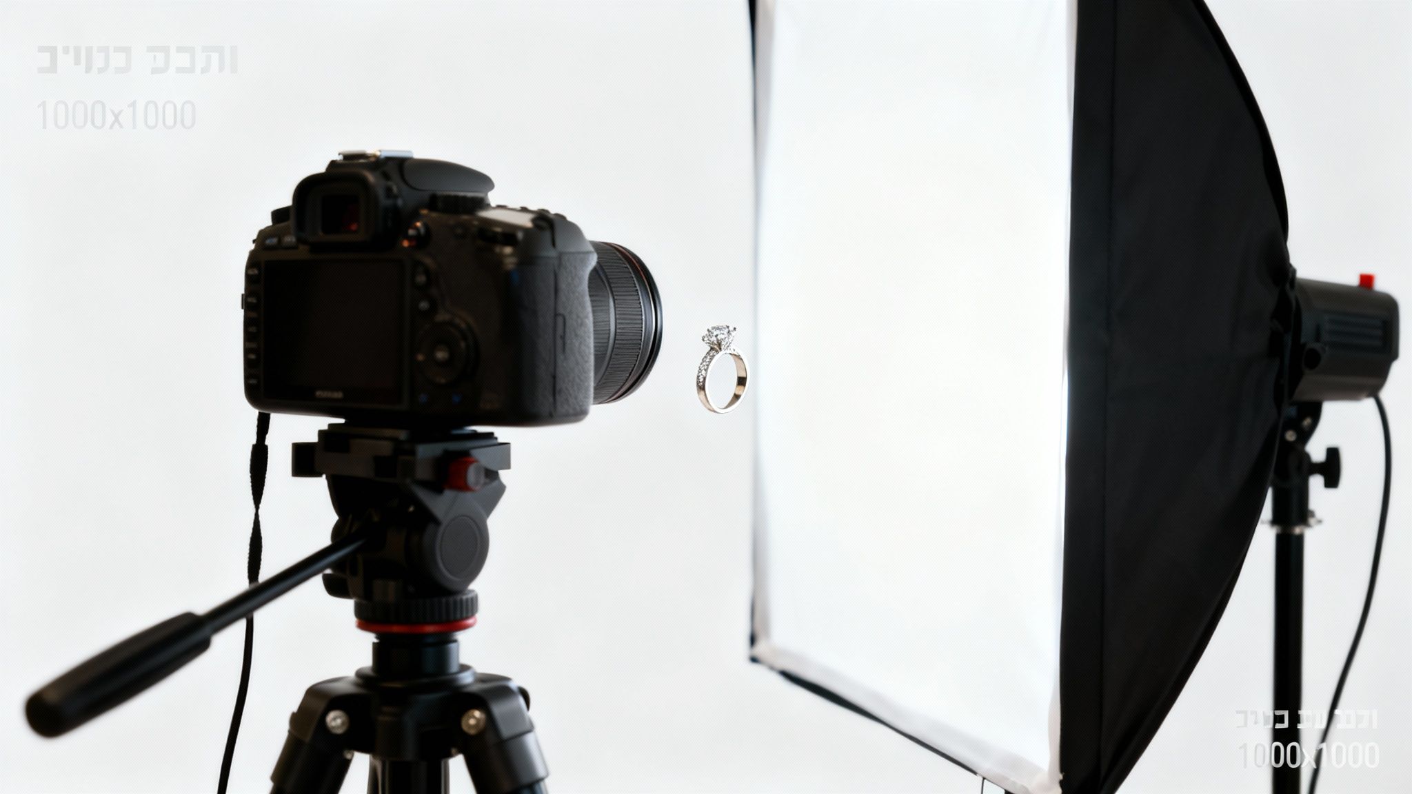 סטודיו לצילום תכשיטים מציג מצלמה, חצובה, טבעת יהלום מרחפת ותאורת סופטבוקס מקצועית על רקע לבן.