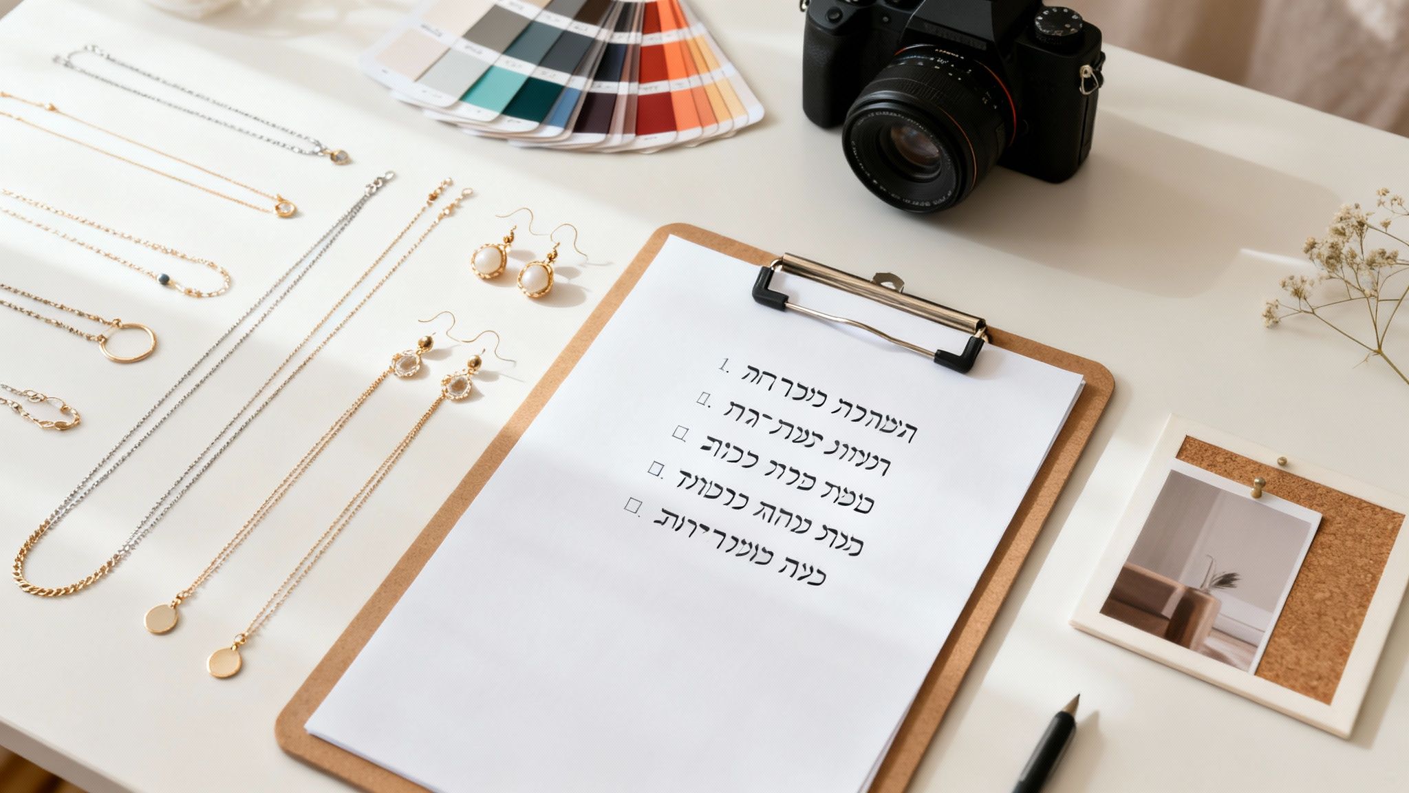 תמונת תקריב של שולחן עבודה מסודר עם תכשיטים שונים, מצלמה, פלטת צבעים ורשימת משימות בעברית.