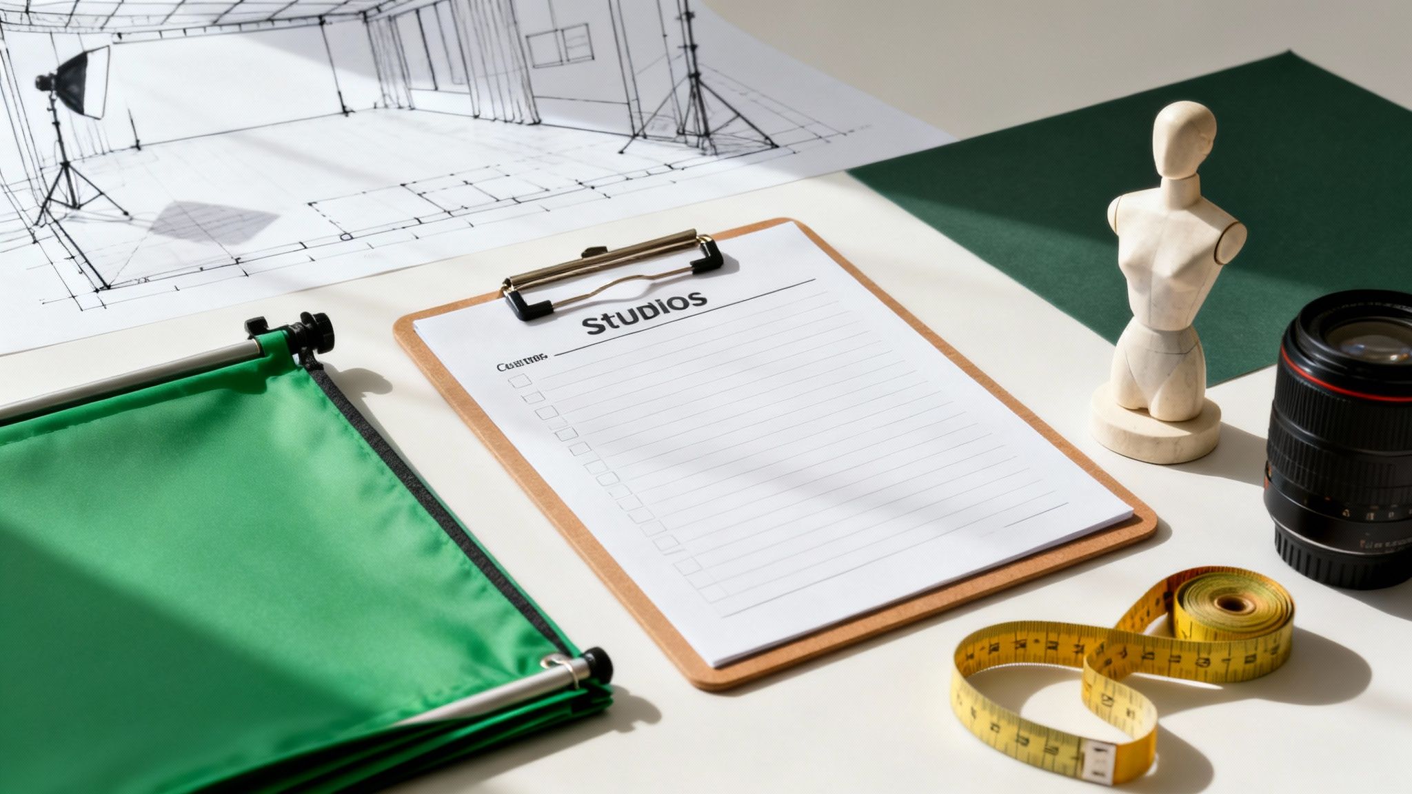 מבט עליון על שולחן סטודיו לצילום עם ציוד, כולל תוכניות, עדשה ומסך ירוק.