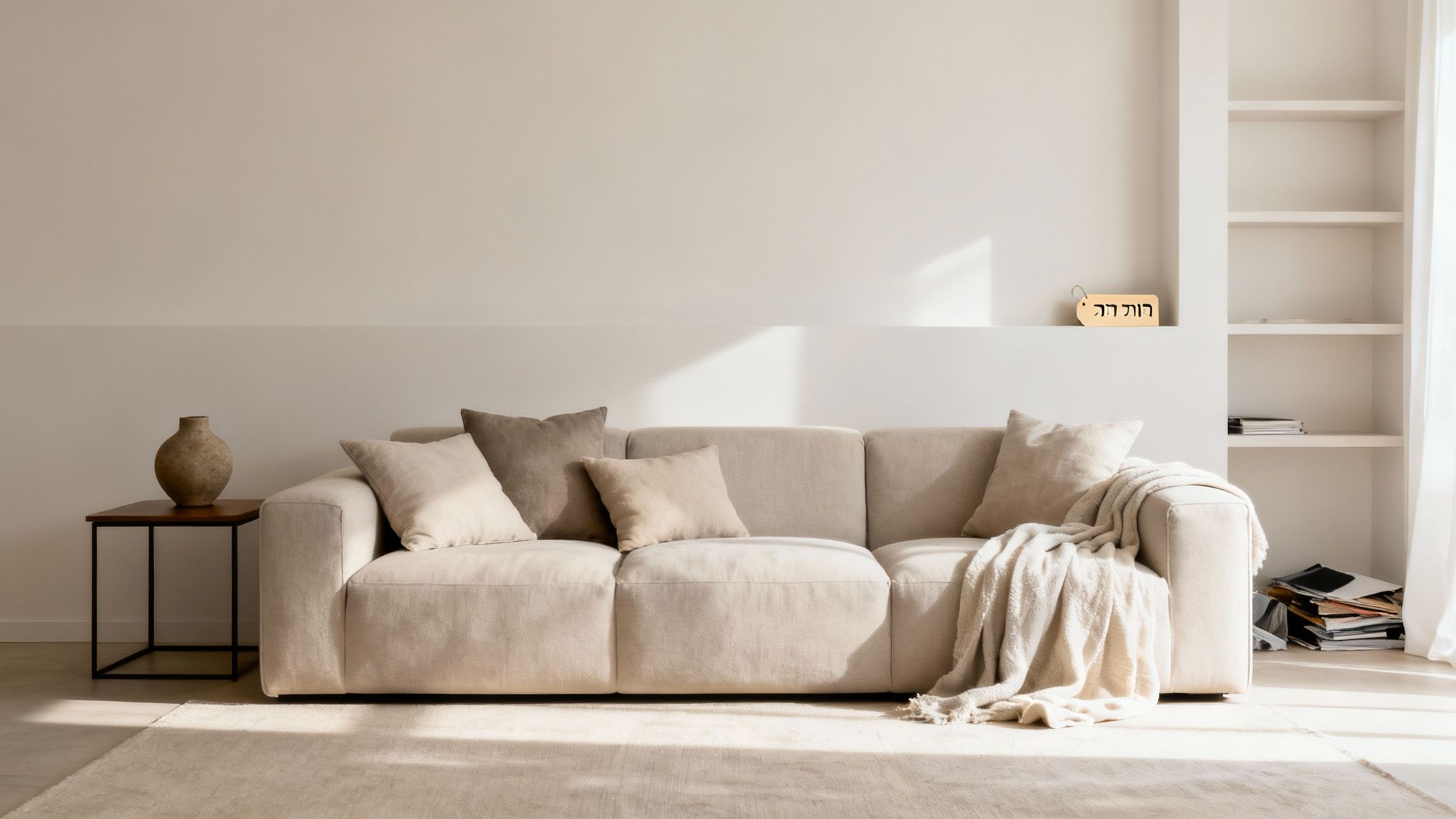 סלון מינימליסטי מואר עם ספת בדים בהירה, כריות, שמיכה, ושולחן צד עם אגרטל. מדפים מובנים ושלט עץ.