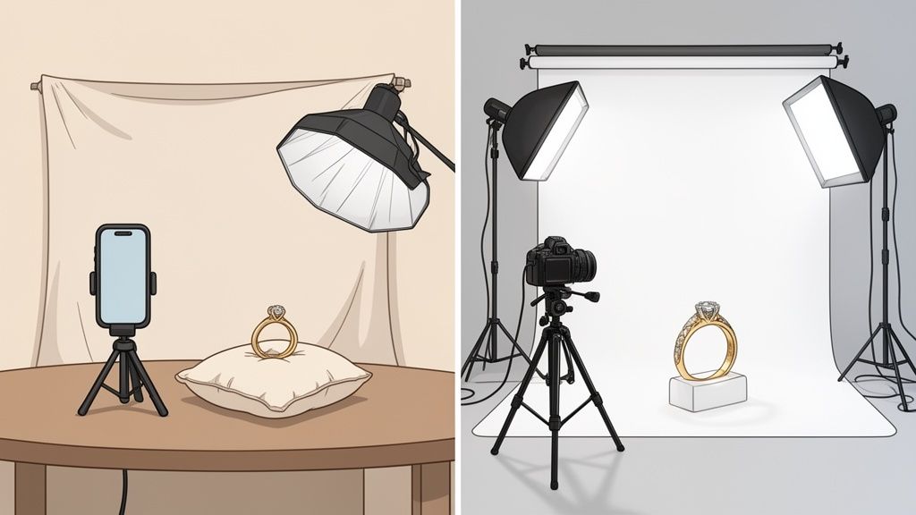 השוואה בין צילום טבעת יהלום בבית באמצעות טלפון לבין צילום מקצועי בסטודיו עם מצלמת DSLR ותאורה.