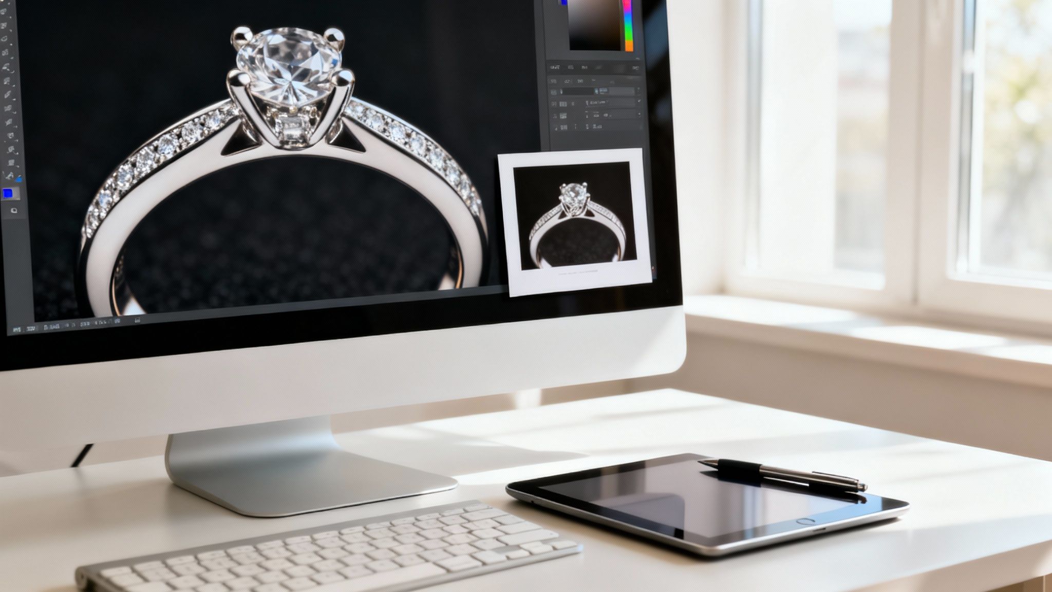 צג מחשב מציג תמונת טבעת אירוסין משובצת יהלומים, עם תוכנת עריכה. ליד המחשב מקלדת, טאבלט ועט.