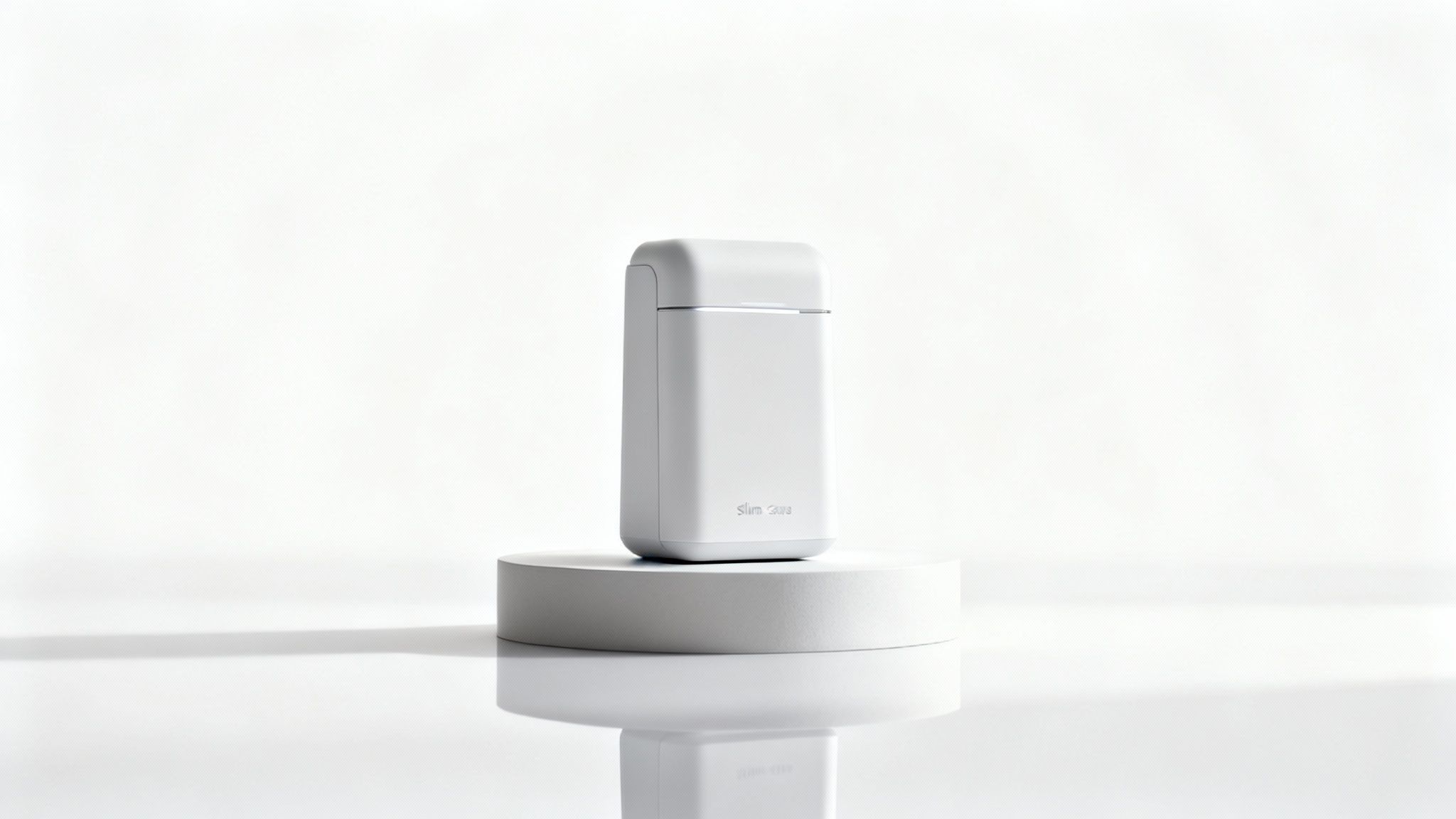 מכשיר Slim Care לבן מינימליסטי עומד על כן תצוגה עגול ובהיר, על רקע לבן נקי ועם השתקפות מודרנית.