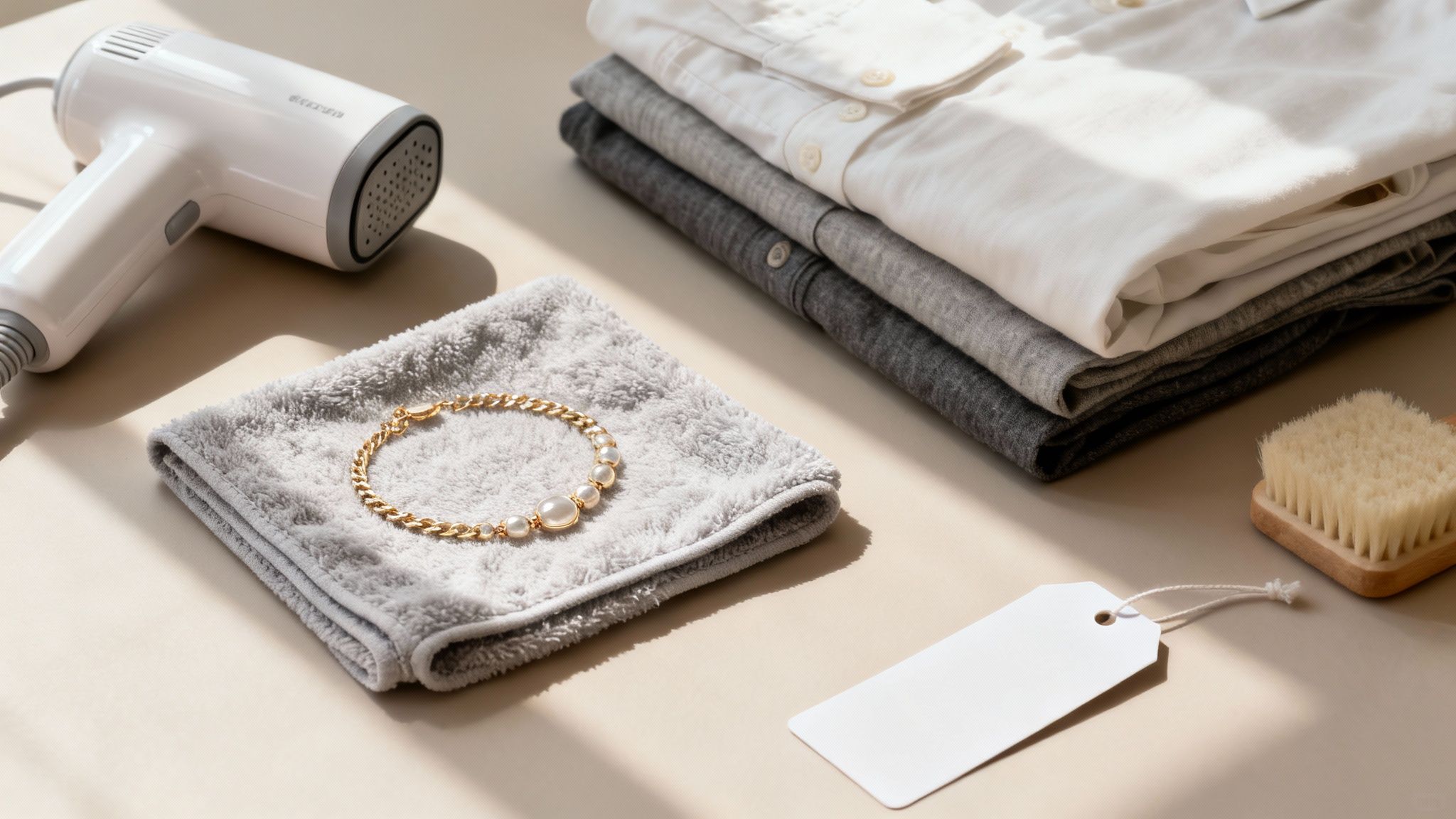 תקריב על מוצרי טיפוח וכביסה הכוללים מגהץ קיטור, חולצות, מברשת בגדים ותג לבן.