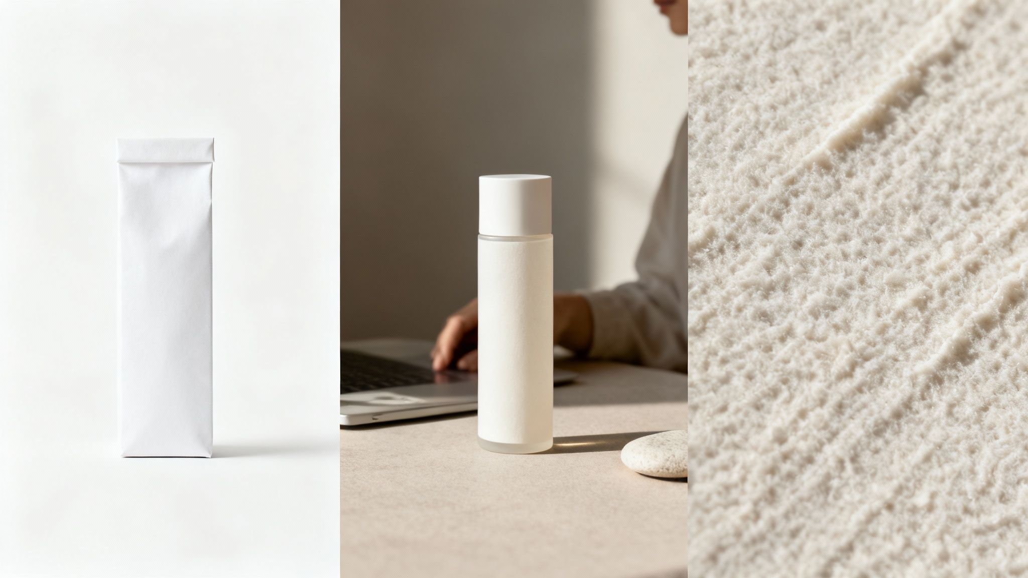 תמונת קולאז' של אריזה לבנה, בקבוק על שולחן עבודה עם מחשב, ומרקם בהיר וטבעי.